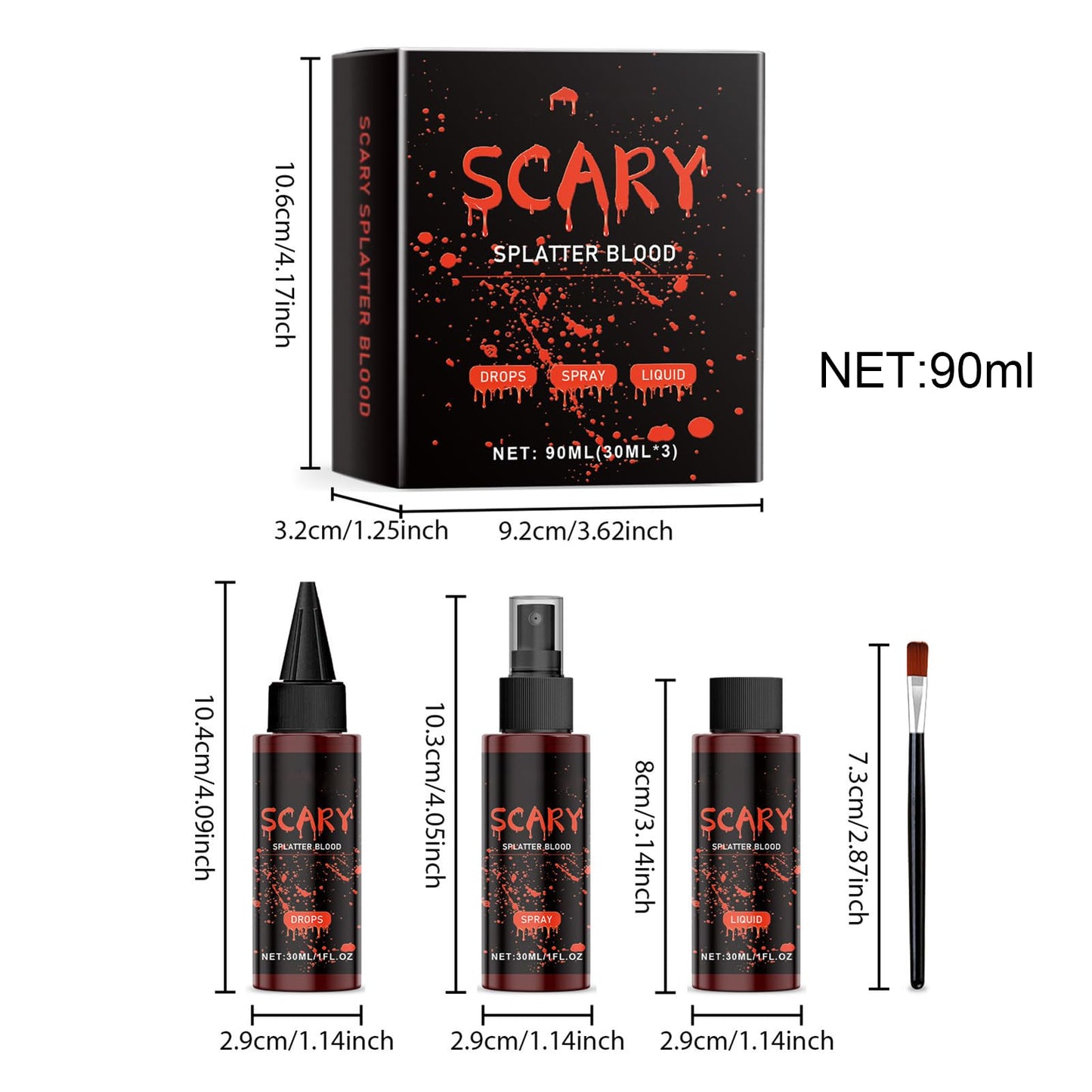 AOYEBO Halloween Fake Blood Kit - 4-Piece Washable Fake Blood Spray with Dropper & Brush for SFX Makeup and Zombie Cosplay
