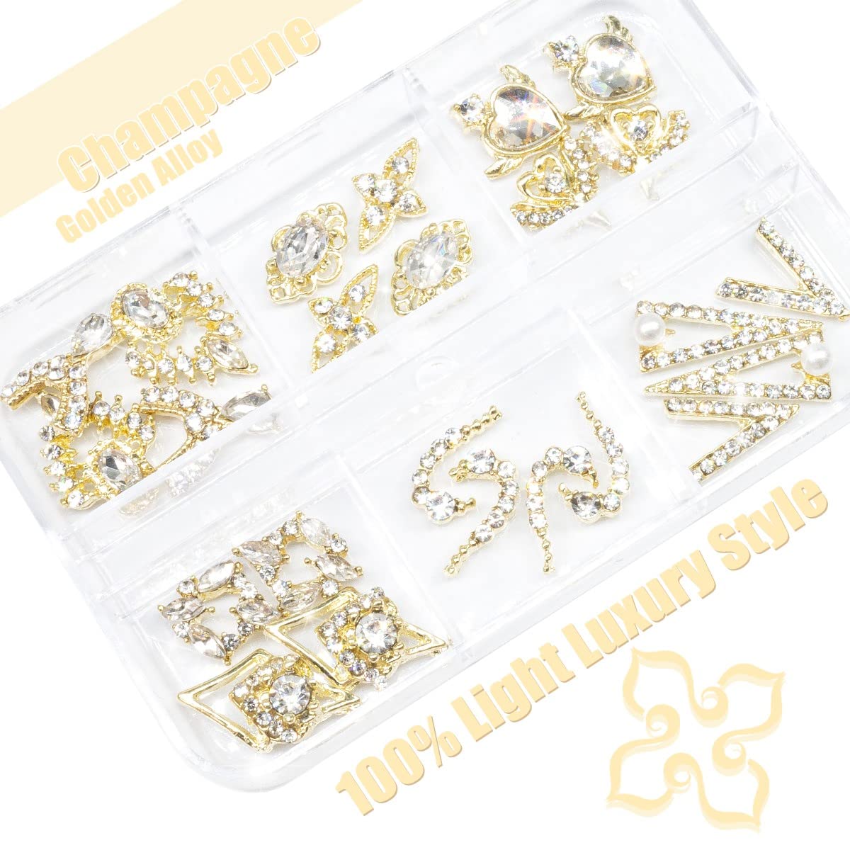 qiipii 12 Pair 3D Alloy Gold Nail Art Rhinestones - Heart Shaped Nail Charms, Golden Nail Crystal Diamonds Jewelry Stones Studs for Nails Decor Crafts
