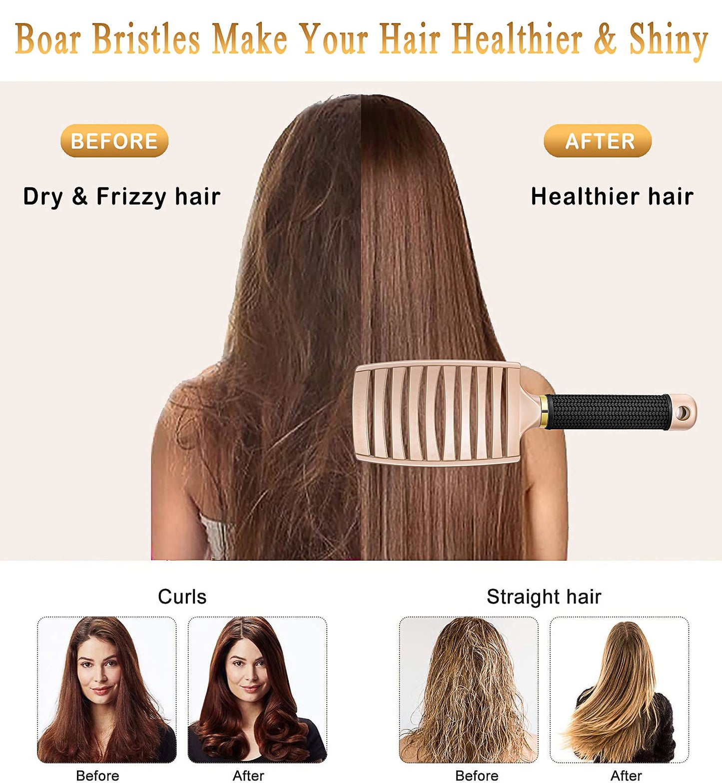 KTKUDY Detangling Brush Getting Knots Out without Pain - Boar Bristles HairBrush Make Hair Shiny & Healthier Vented Detangler Brush for Women Men Kids