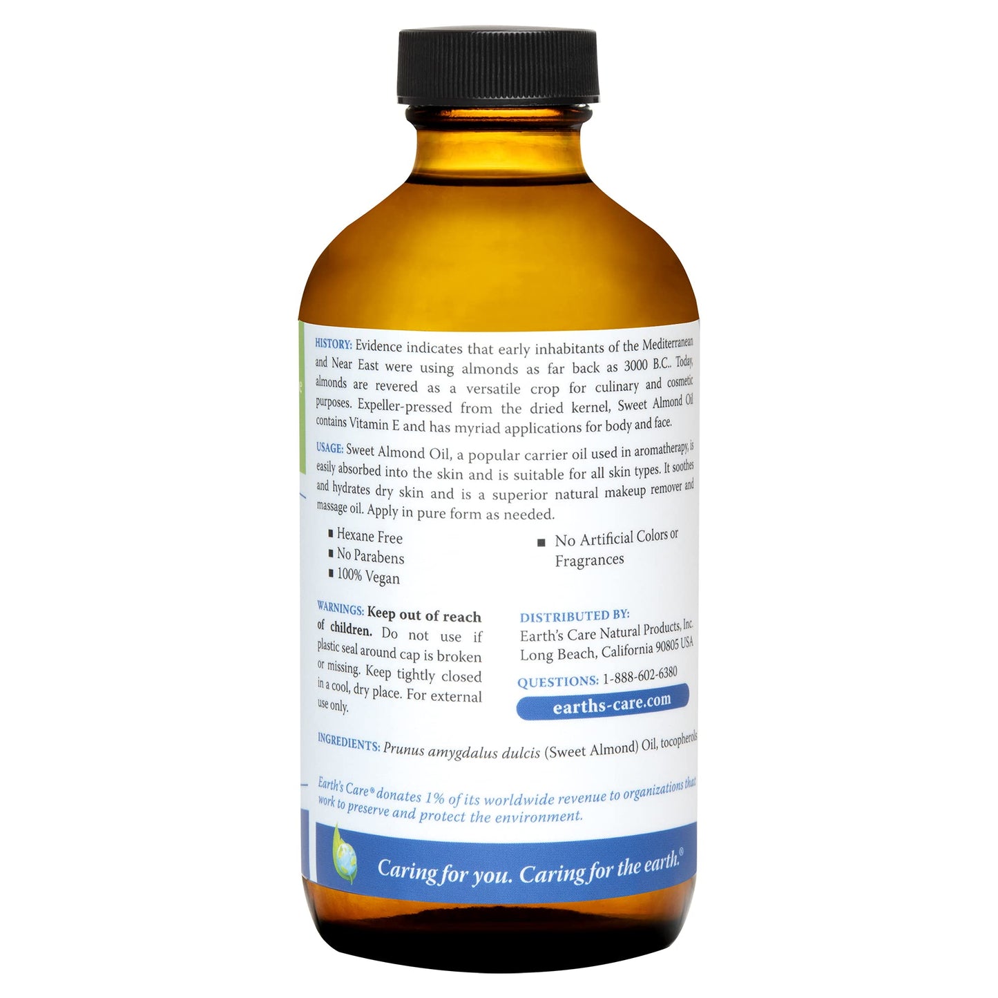 Earth’s Care Sweet Almond Oil - Expeller Pressed Almond Oil for Skin and Hair, Glass Bottle, Unscented, 8 FL. OZ.
