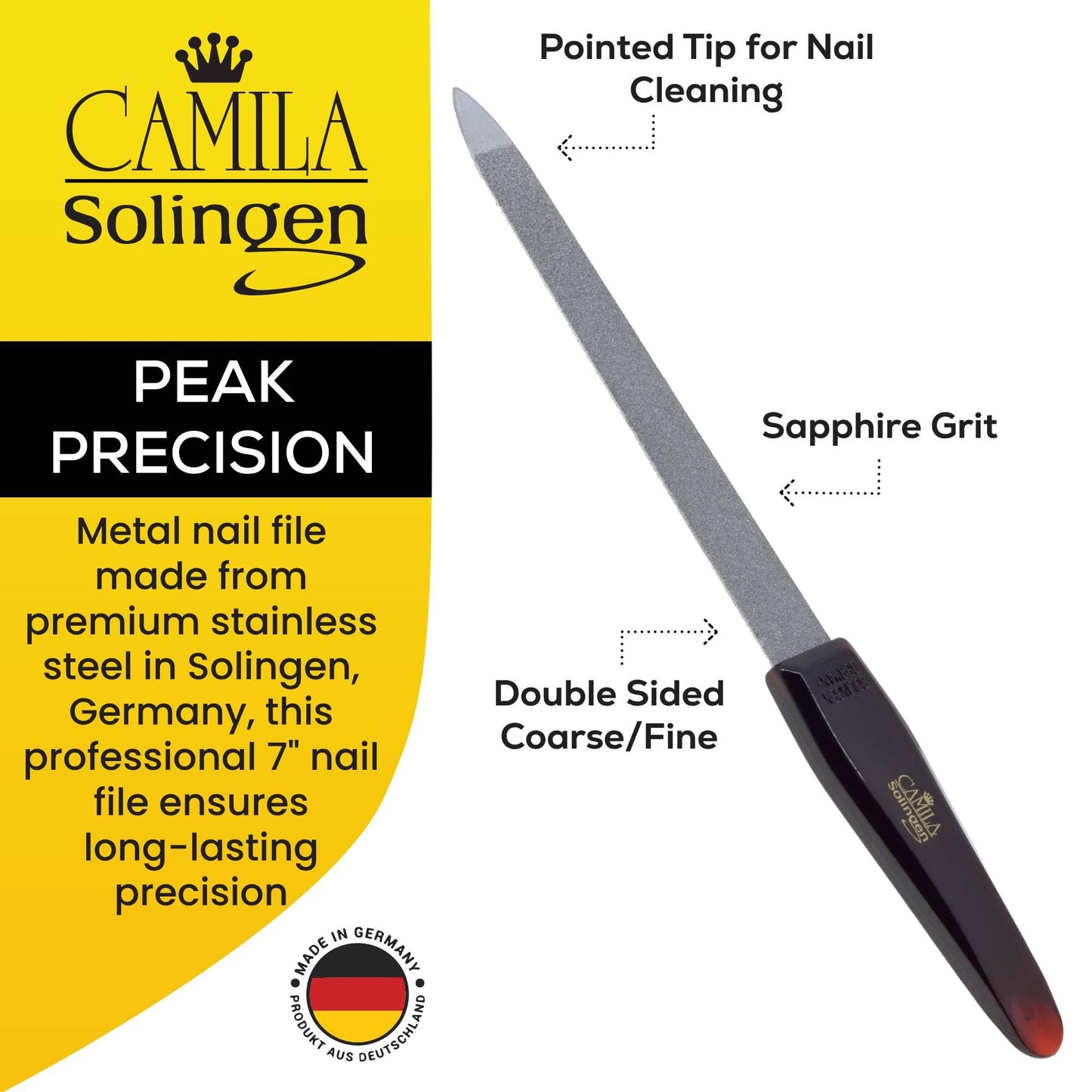 Camila Solingen CS18 Sapphire Metal Nail File for Natural Nails Fingernail and Toenail Care, 7" Double Sided Coarse and Fine for Manicure and Pedicure
