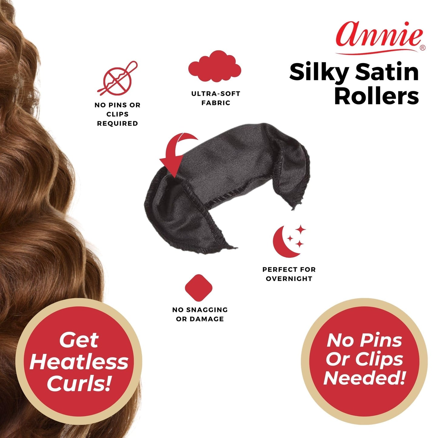 Annie Pillow Satin Rollers: 10Pcs Heatless Roller Set (Black)