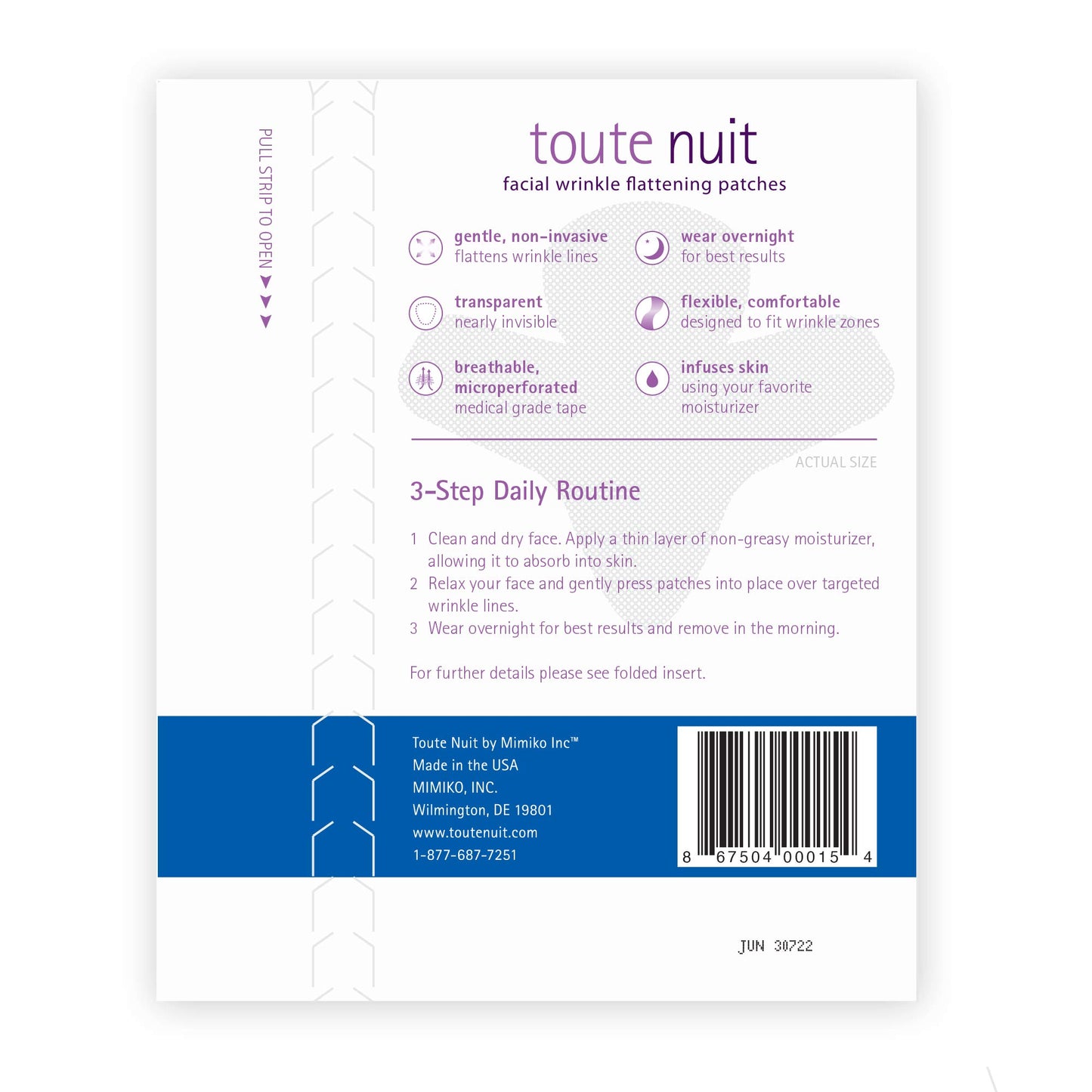 Toute Nuit Wrinkle Patches - Jet - Face Tape for Forehead and Large Frown Lines - Hypoallergenic Anti Wrinkle Patches - 20 Count, Made in USA