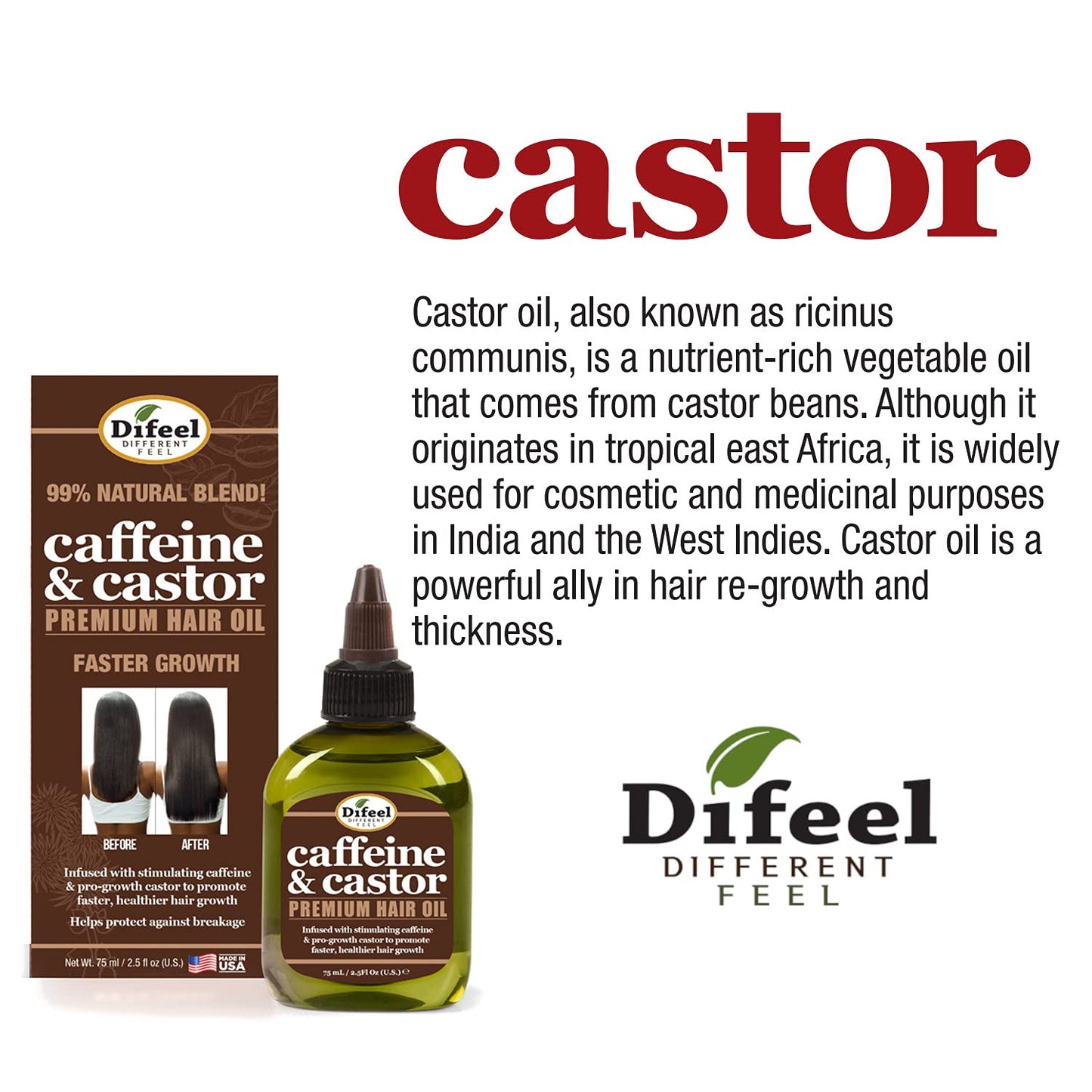 Difeel Caffeine & Castor Premium Hair Oil for Faster Hair Growth 2.5 oz.