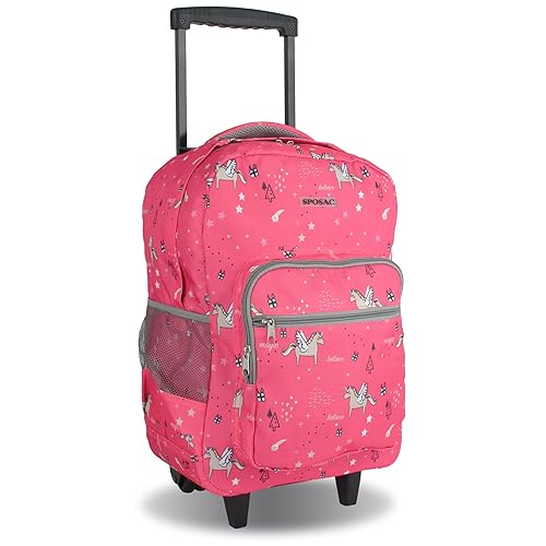 Sposac Rolling Backpack for Girls Boys. Roller Bookbag With Wheels for School Kids, Pink Unicorn
