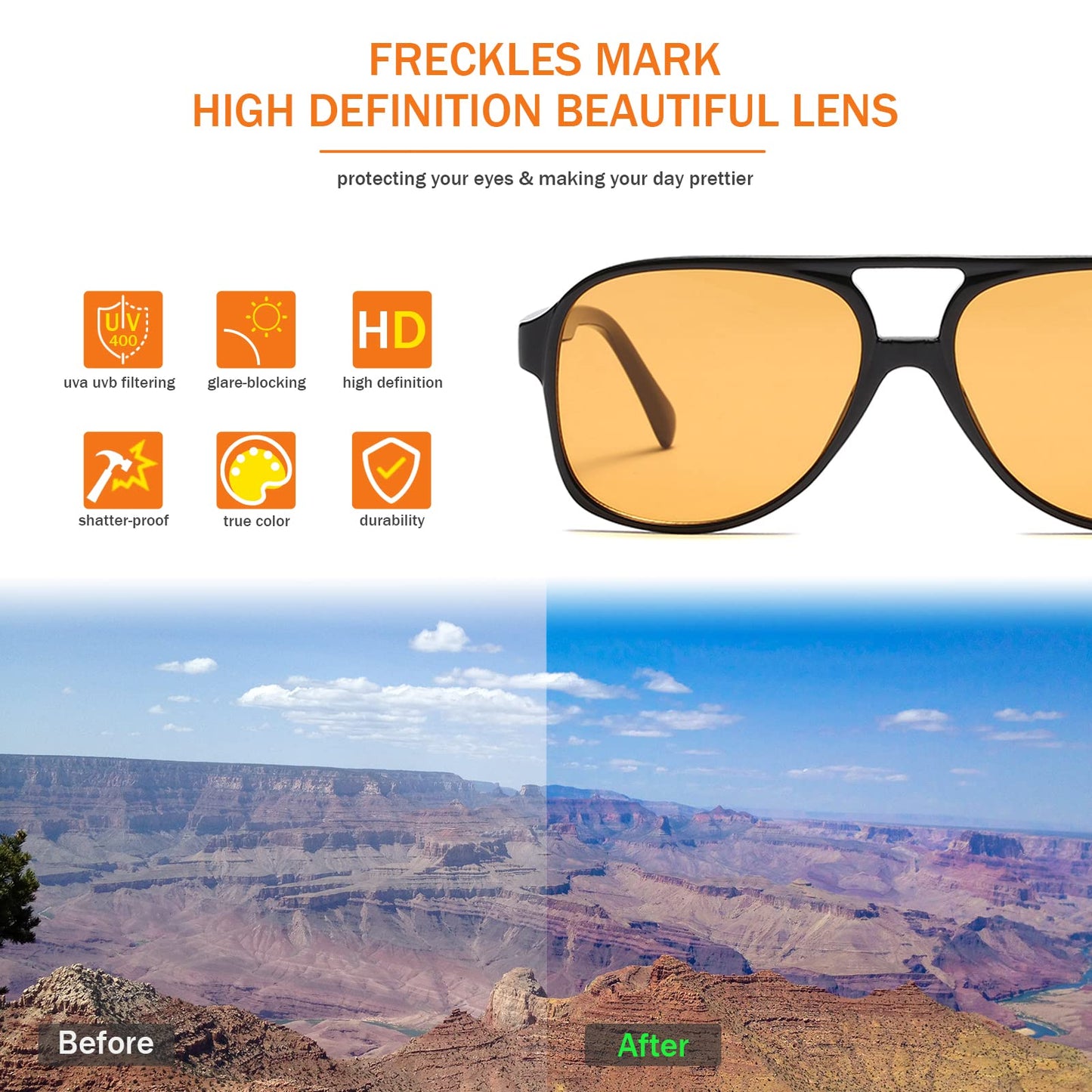 Freckles Mark Vintage Retro 70s Sunglasses for Women Men Classic Large Square Aviator Trendy Glasses (Tinted Yellow, Millimeters, 60)