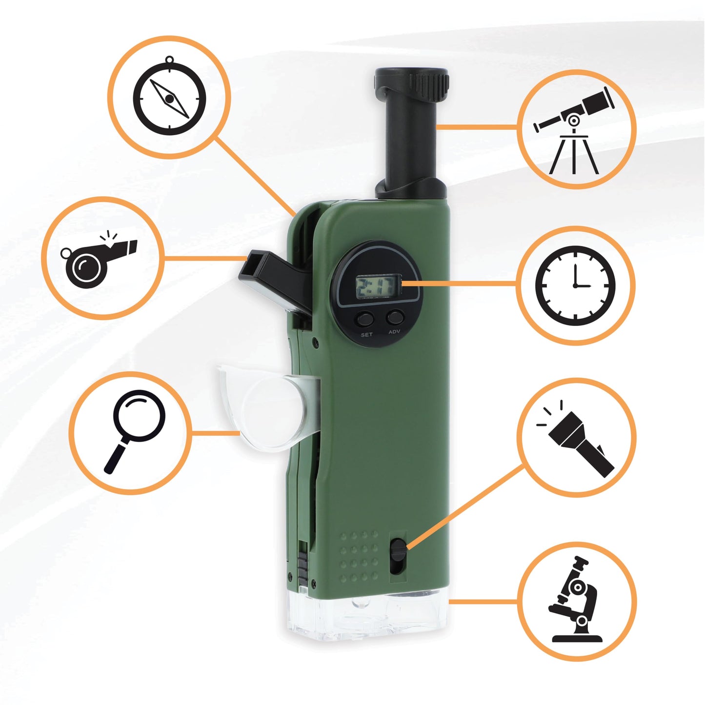 Carson X-Scope 7-in-1 Kids Optical Tool – Pocket Microscope, Telescope, Magnifier, Flashlight, Whistle, Compass & Digital Clock (CP-11)