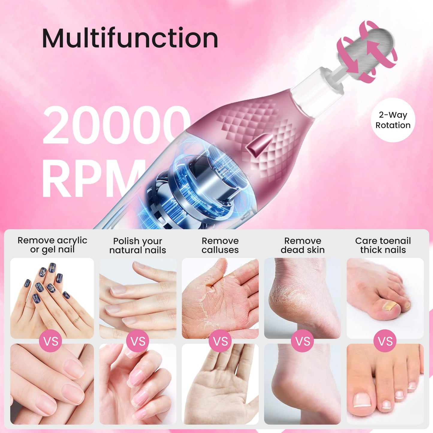 36-Piece Professional Manicure Pedicure Kit-Cordless Electric Nail File Kit,20000RPM, 11Pcs Bits,4 Speed,Rechargeable Pedicure Tool for Feet,Hand Foot