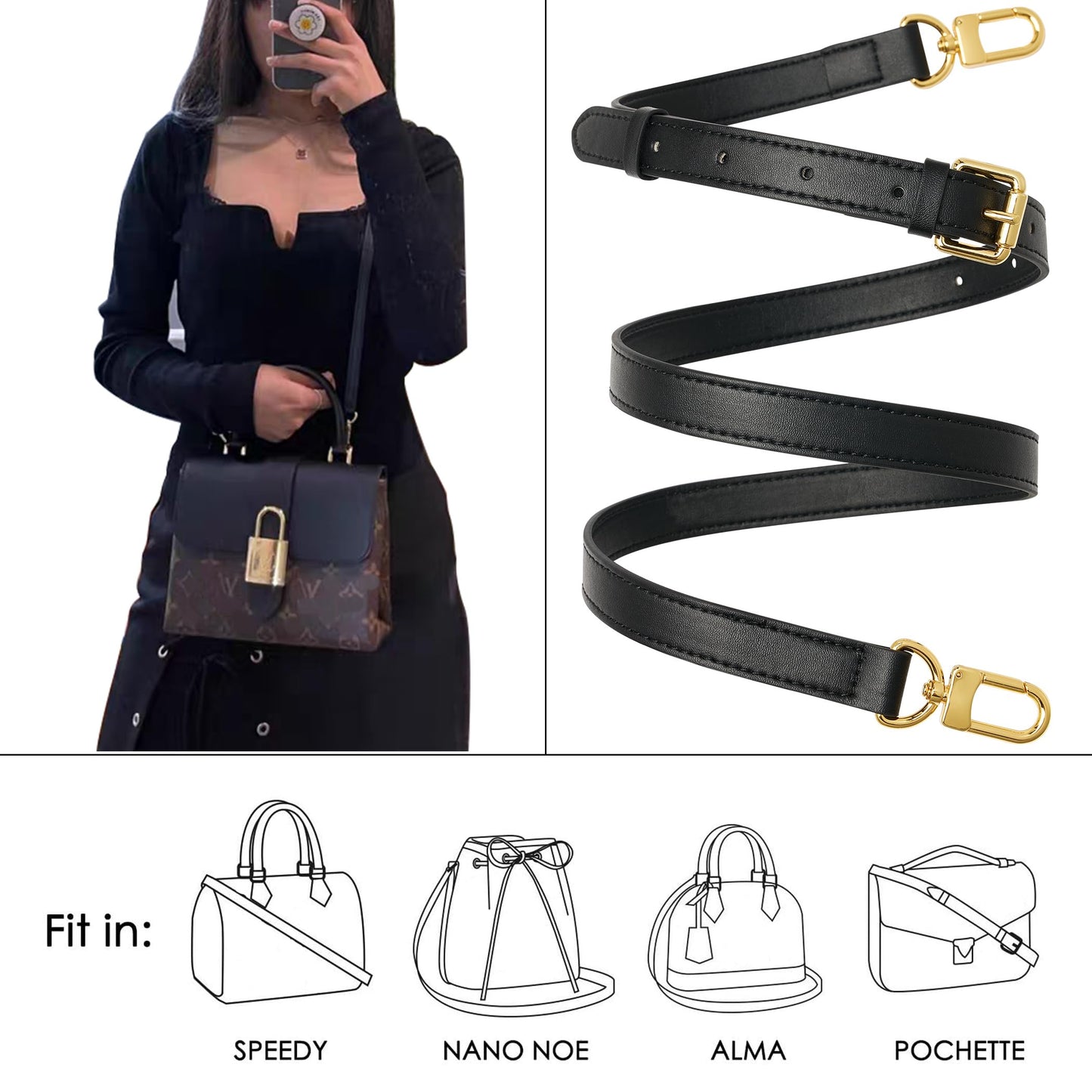 RICLVS Genuine Vachetta Leather Crossbody Strap – Adjustable Replacement Strap for Shoulder Bags, Handbags & Purses (Black)