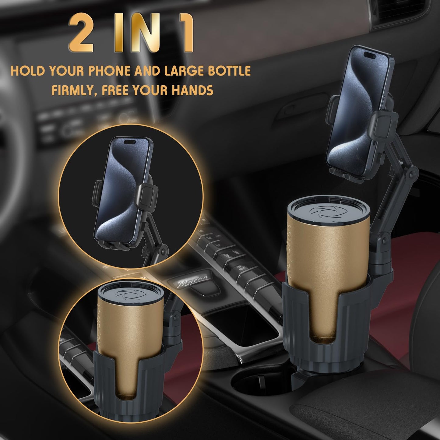 Phone Holders for Your Car, 2 in 1 Universal Cup Holder Expander Adjustable Base with Phone Mount, Long Arm with 360°Rotation Cup Holder Phones Mount…
