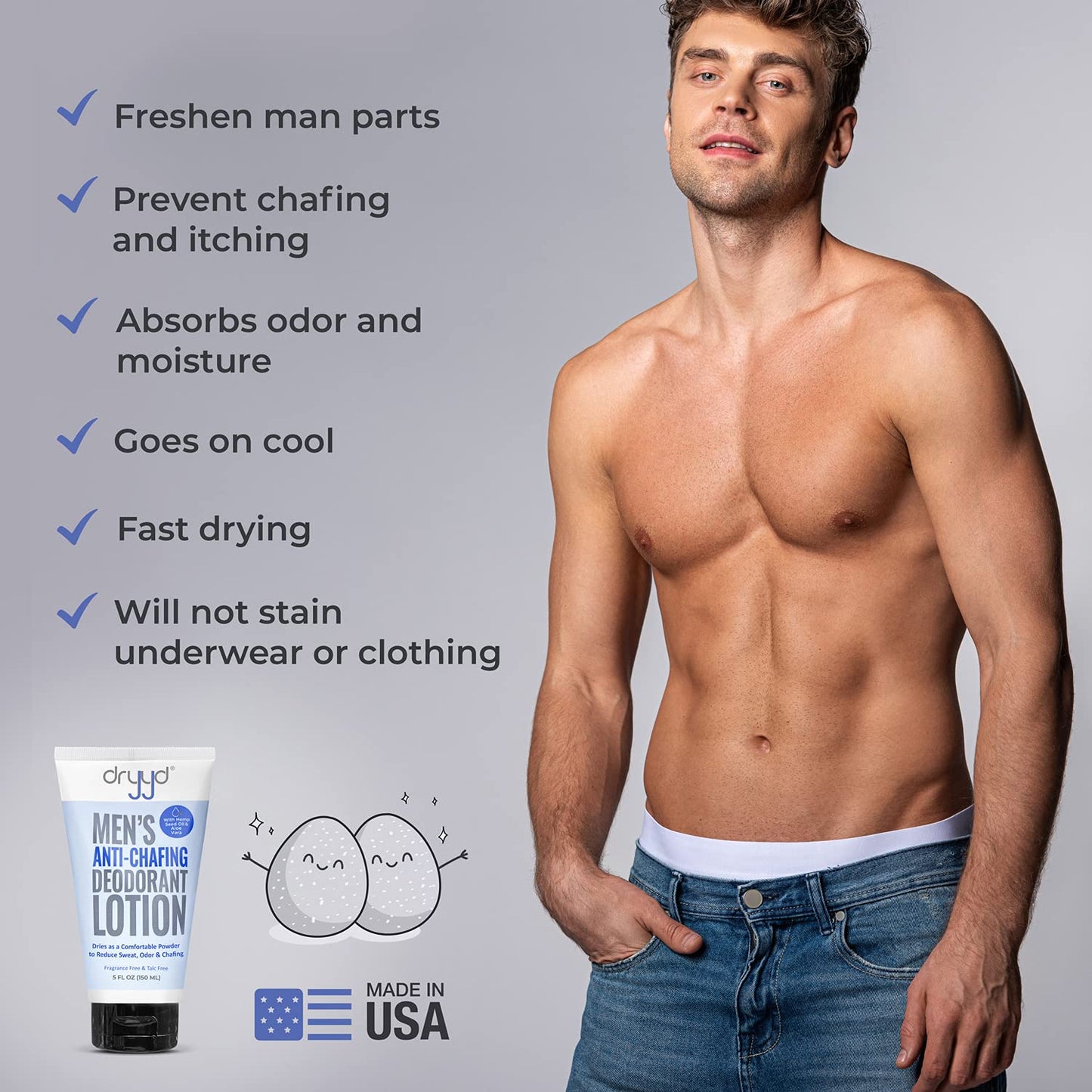 DRYYD Ball Deodorant For Men Aluminum Free Chafing Balls Powder Lotion, No Talcum Powder, Hemp Seed Oil, Reduce Odor & Sweaty Groin Itch Cream, Fresh