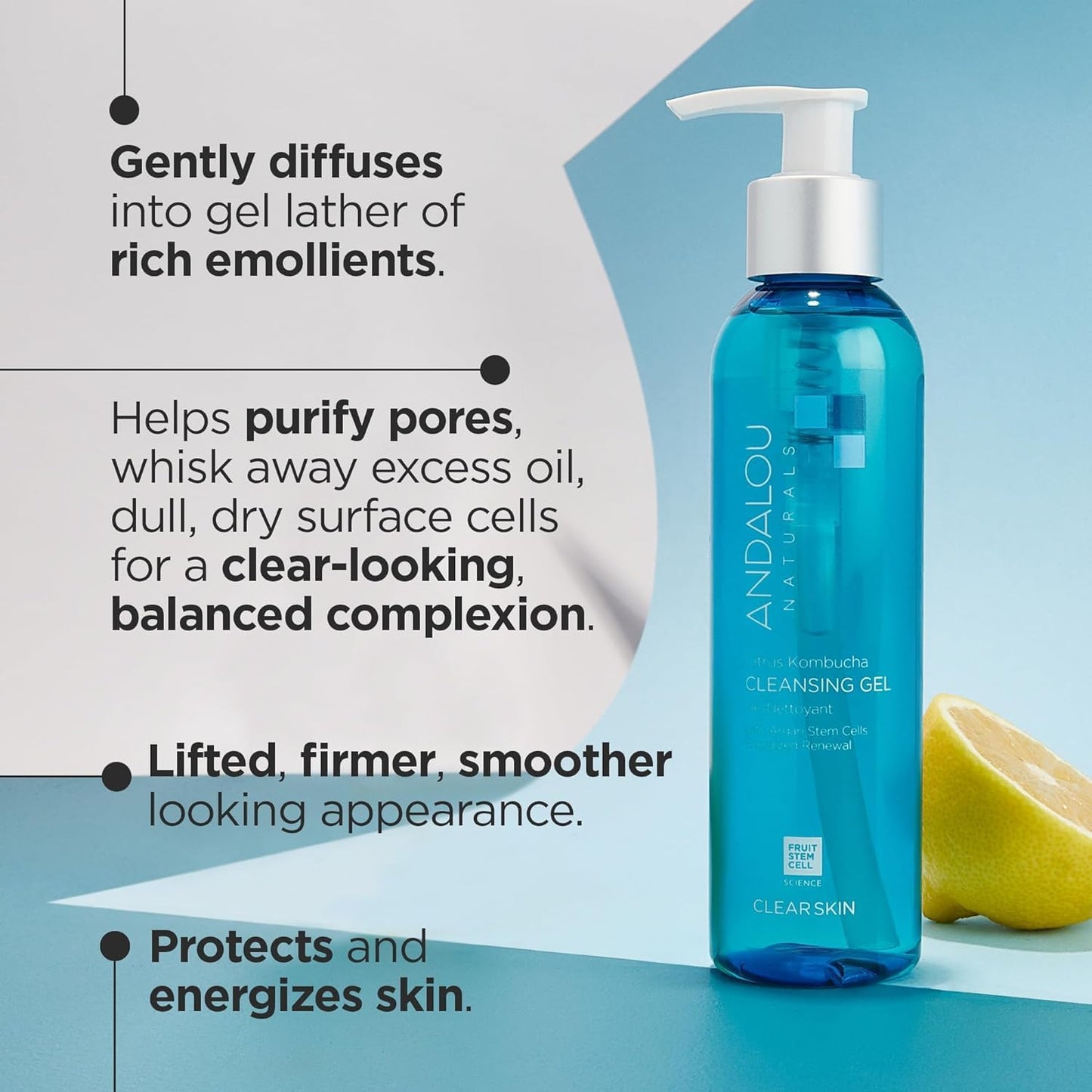 Andalou Naturals Clear Skin Citrus Kombucha Gel Face Cleanser - With Argan Stem Cells, Probiotics, & Aloe Vera to Remove Excess Oil & Dull Surface