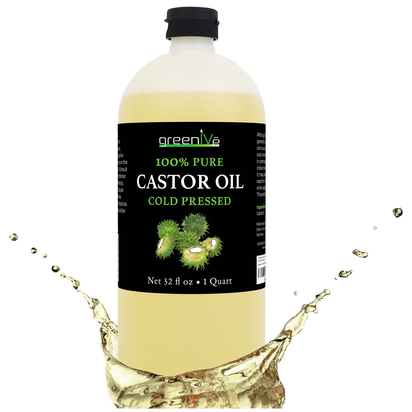GreenIVe 100% Pure Castor Oil - Cold-Pressed, Hexane-Free - Hair, Eyebrows, Eyelashes, Skin Moisturizer, Castor Pack Wrap Oil Bulk Bottle (32 Fl oz)