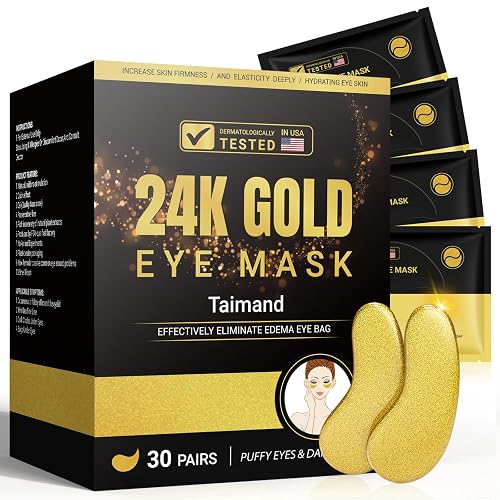 Taimand Under Eye Patches (30 Pairs), 24K Gold Under Eye Mask for Puffy Eyes, Dark Circles,Bags and Wrinkles with Collagen,Relieves Pressure