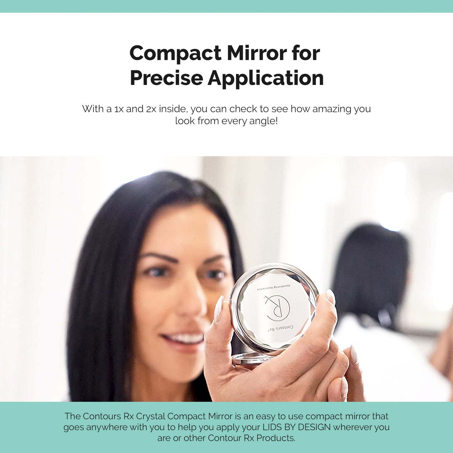 Contours Rx Crystal Compact Makeup Mirror - Dual-Sided 1x & 2X Magnification - Portable, Stylish Metal Frame for Folding Mirror, Beauty Touch-Ups