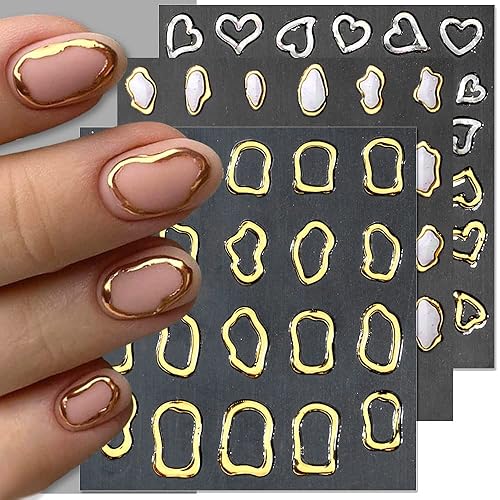 Dornail 6 Sheets 5D Crystal Soft Glue Embossed Nail Stickers Irregular Geometric Frames Nail Decals Hearts Waterdrop Nail Art Stickers Self Adhesive