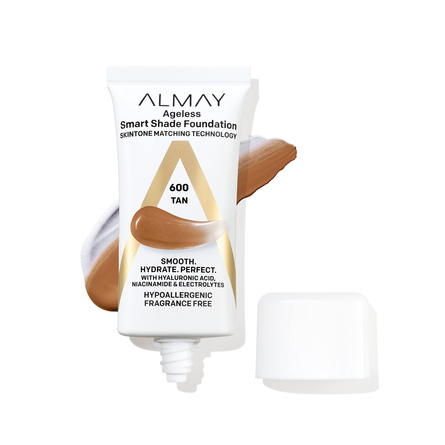 Almay Anti-Aging Foundation, Smart Shade Face Makeup with Hyaluronic Acid, Niacinamide, Vitamin C & E, Hypoallergenic-Fragrance Free, 600 Tan, 1 Fl Oz