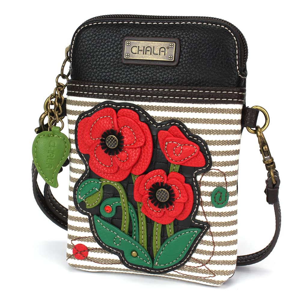 CHALA Plant Life Collection Cell Phone Crossbody Purse-Women PU Leather/Canvas Multicolor Handbag with Adjustable Strap - Red Poppy - gray stripe