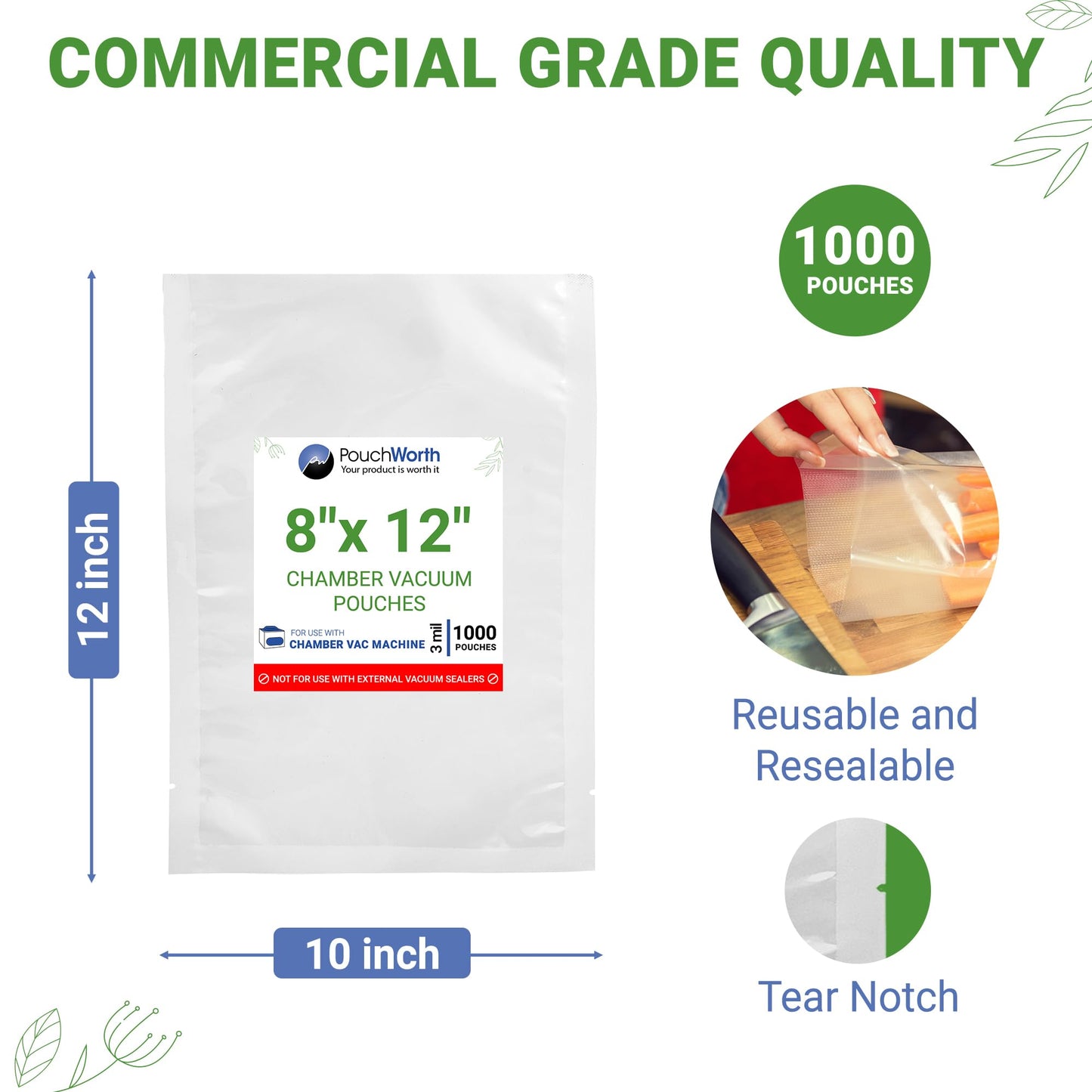 Pouchworth 1,000 pcs 8" x 12" Quart, 3mil Vacuum Chamber Sealer Pre-Cut Bags BPA Free Great for Food Preservation, Freezer Storage Chamber Vacuum…