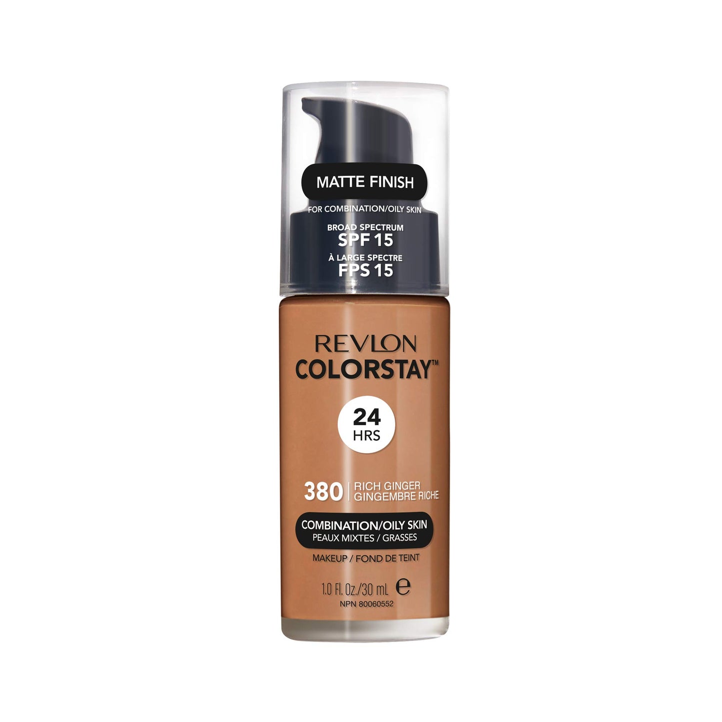 Revlon Liquid Foundation, ColorStay Face Makeup for Combination & Oily Skin, SPF 15, Medium-Full Coverage with Matte Finish, 380 Rich Ginger, 1 fl oz
