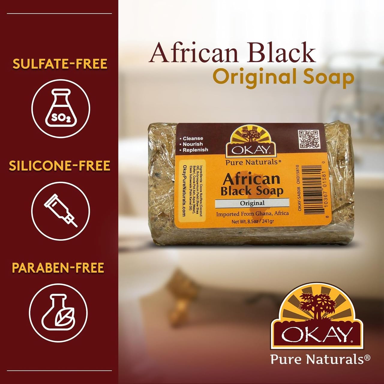 OKAY Pure Naturals African Black Soap - Natural Black Soap Bar with Raw Shea Butter and Cocoa, Cleansing for Hair, Face & Skin for Women & Men - 8.5
