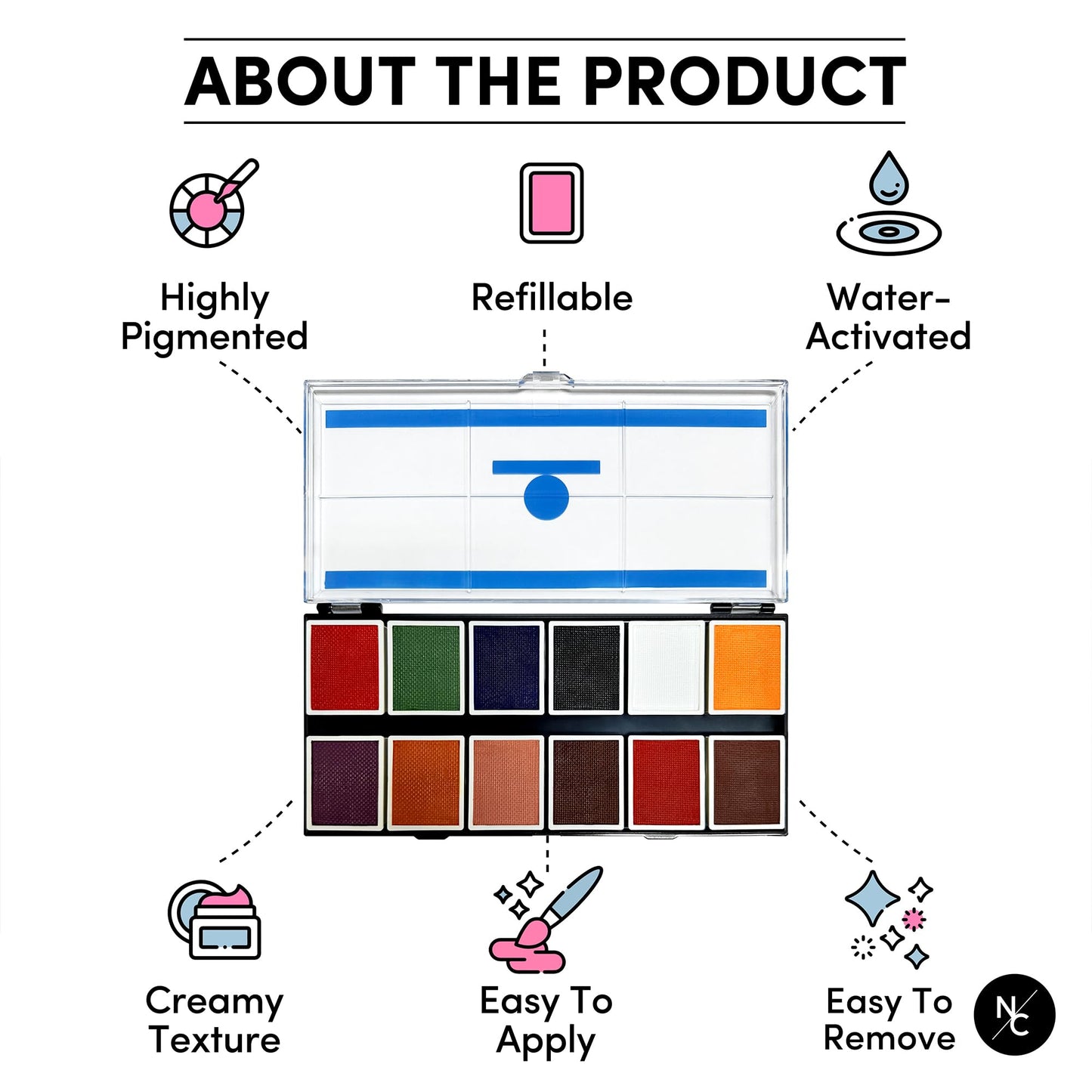 Narrative Cosmetics FX 12-Color Palette - Water-Activated Face & Body Paint for SFX, Theater, Cosplay - High-Pigment, Blendable SFX Makeup