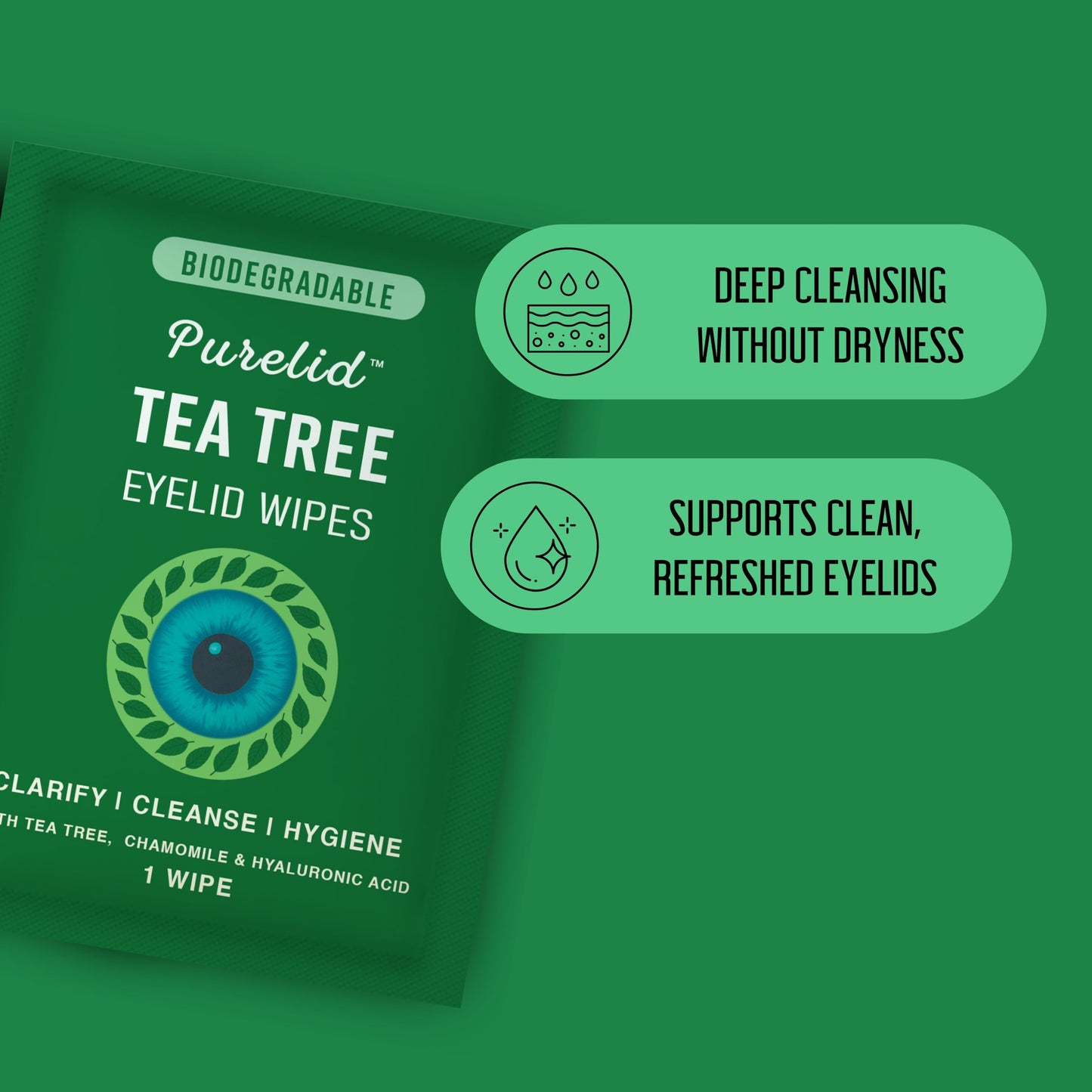 PURELID 100PCs Tea Tree Eyelid Wipes - Cleaning Eye Wipes for People with Dry Eyes & Allergies - Gentle Eyelid Cleanser with Hyaluronic Acid Beauty and Personal Care PURELID