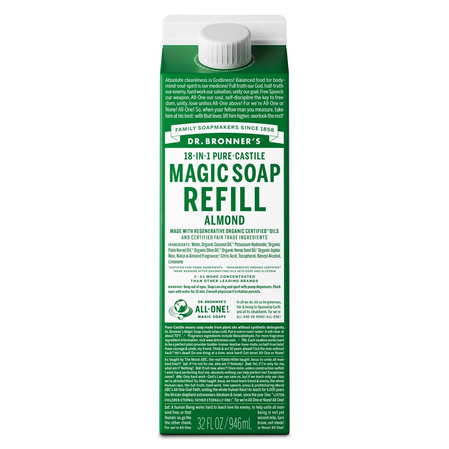 Dr. Bronner's Magic Soap Pure-Castile Liquid Soap Refill - Made with Regenerative Organic Certified Oils - 18-in-1 Uses for Face, Body Wash, Hand Soap