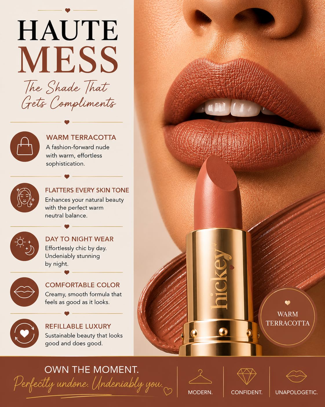 Hickey Lipstick Refill - Haute Mess (Terracotta) - Hydrating Formula with Jojoba Oil, Long Lasting Velvet Finish Lipstick for Women - Vegan &