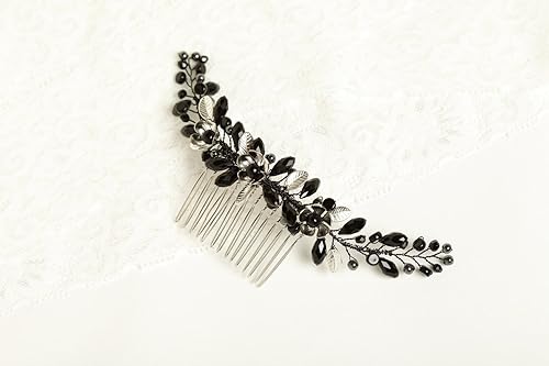 Kercisbeauty Wedding Black Crystal Flower Hair Comb for Bride Bridesmaid Prom Headpiece