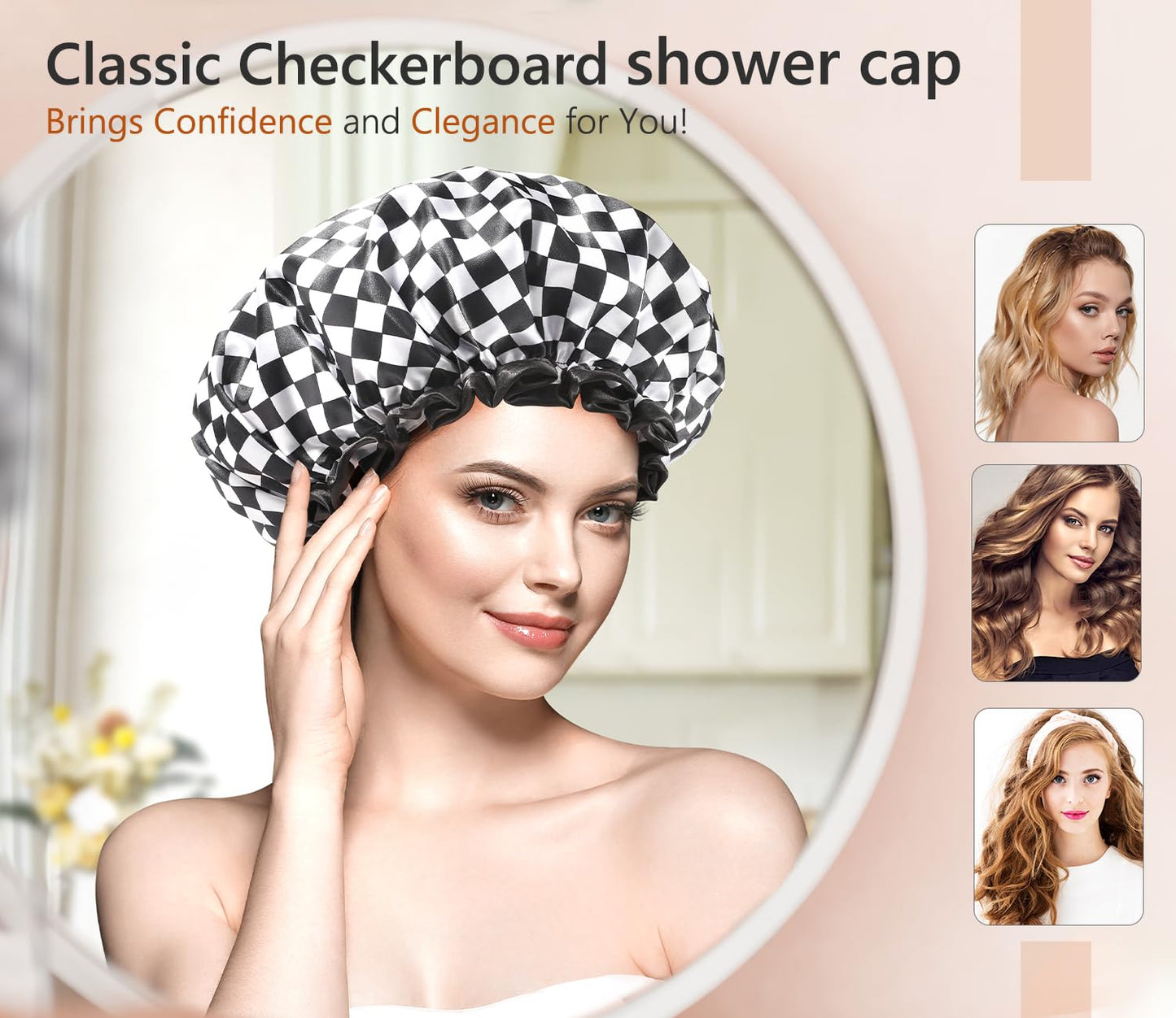 mikimini Shower Cap for Women, Reusable, Double Layers Waterproof Bathing Shower Hat with Soft Comfortable PEVA Lining, Non-fading, Stretchy & Shower