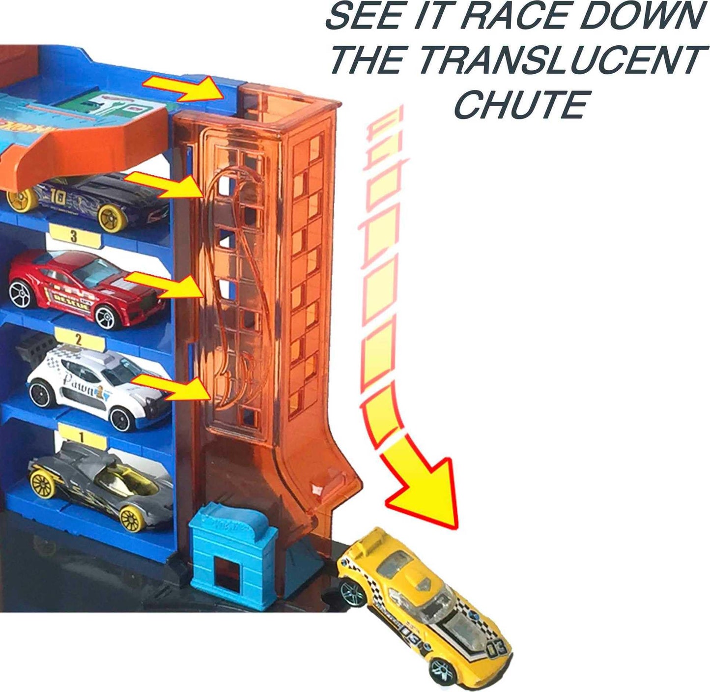 Hot Wheels City Toy Track Set, Downtown Car Park Playset with 1:64 Scale Vehicle, 4 Levels, Working Lift & Exit Chute