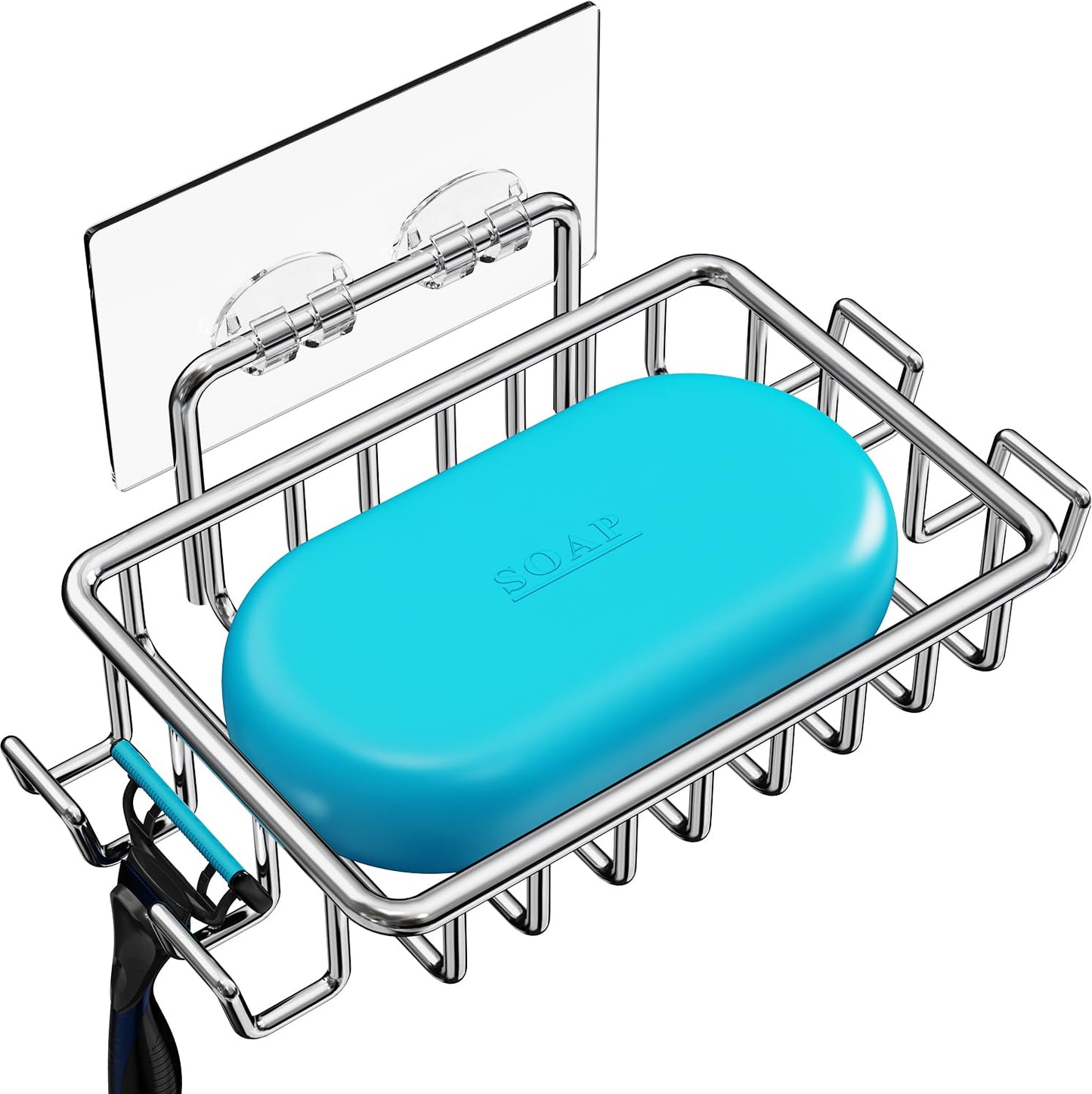 Nieifi Bar Soap Holder for Shower Wall with 4 Hooks, Stainless Steel Adhesive Soap Dish for Bathroom, Silver