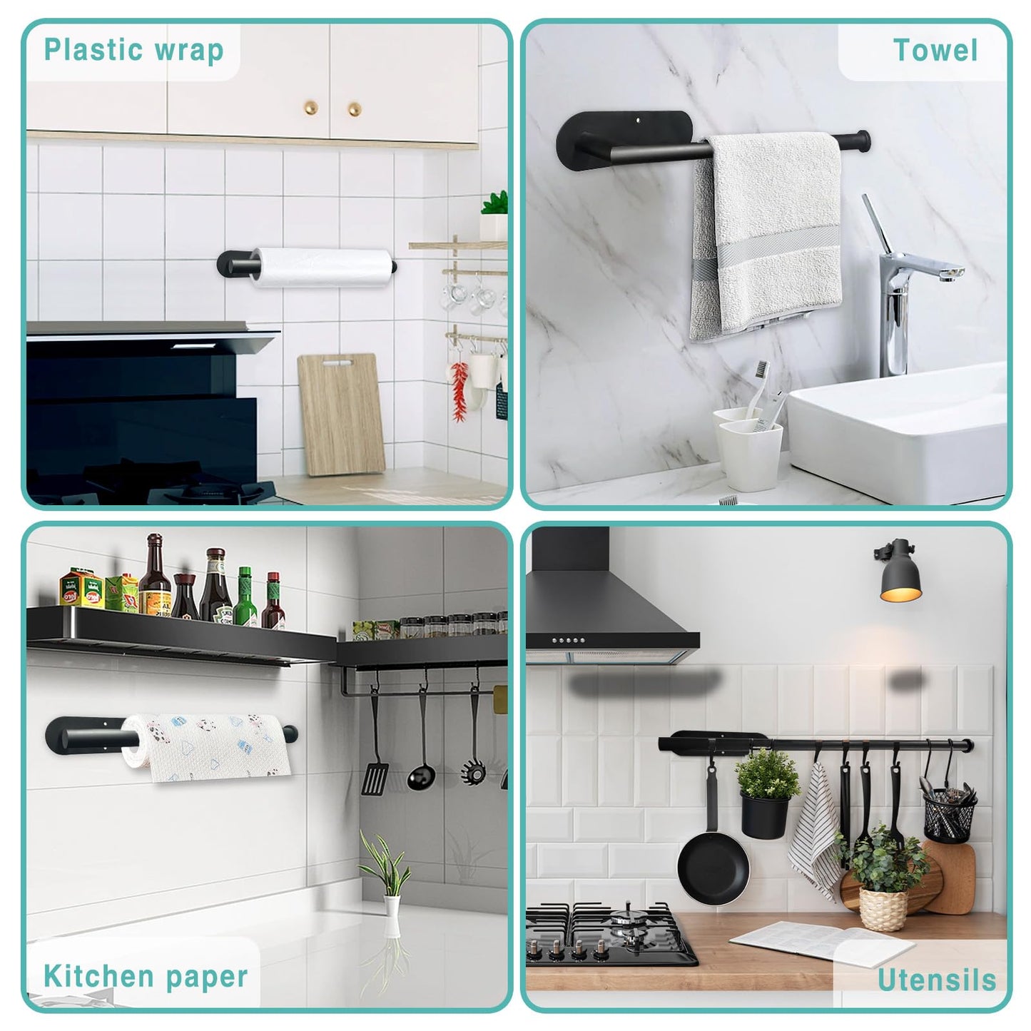 Paper Towel Holder – Self-Adhesive or Drill Mount, Under-Cabinet Stainless Steel in Black for Kitchen, Bathroom, Sink, Pantry & Fridge