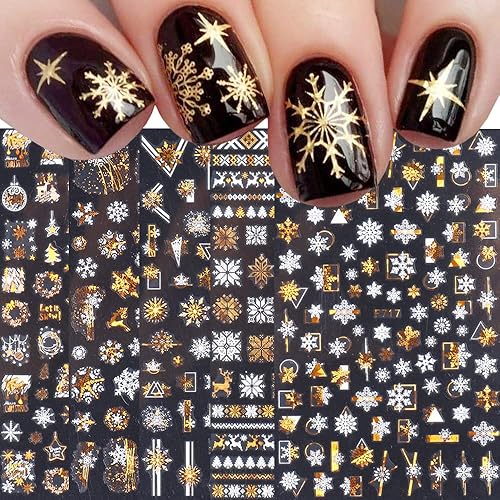 Christmas Nail Stickers, 3D Metal Gold Snowflake Nail Decals White Snowflake Elk Snowman Santa Claus Tree Christmas Bell Xmas Winter Nail Art Design