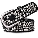 Karoukee Ladies Fashion Belt With Studded Rivets and Rhinestones,Women Shiny Fashion Leather Waist Belt for Jeans Pants Shorts Dresses (Solid Black)