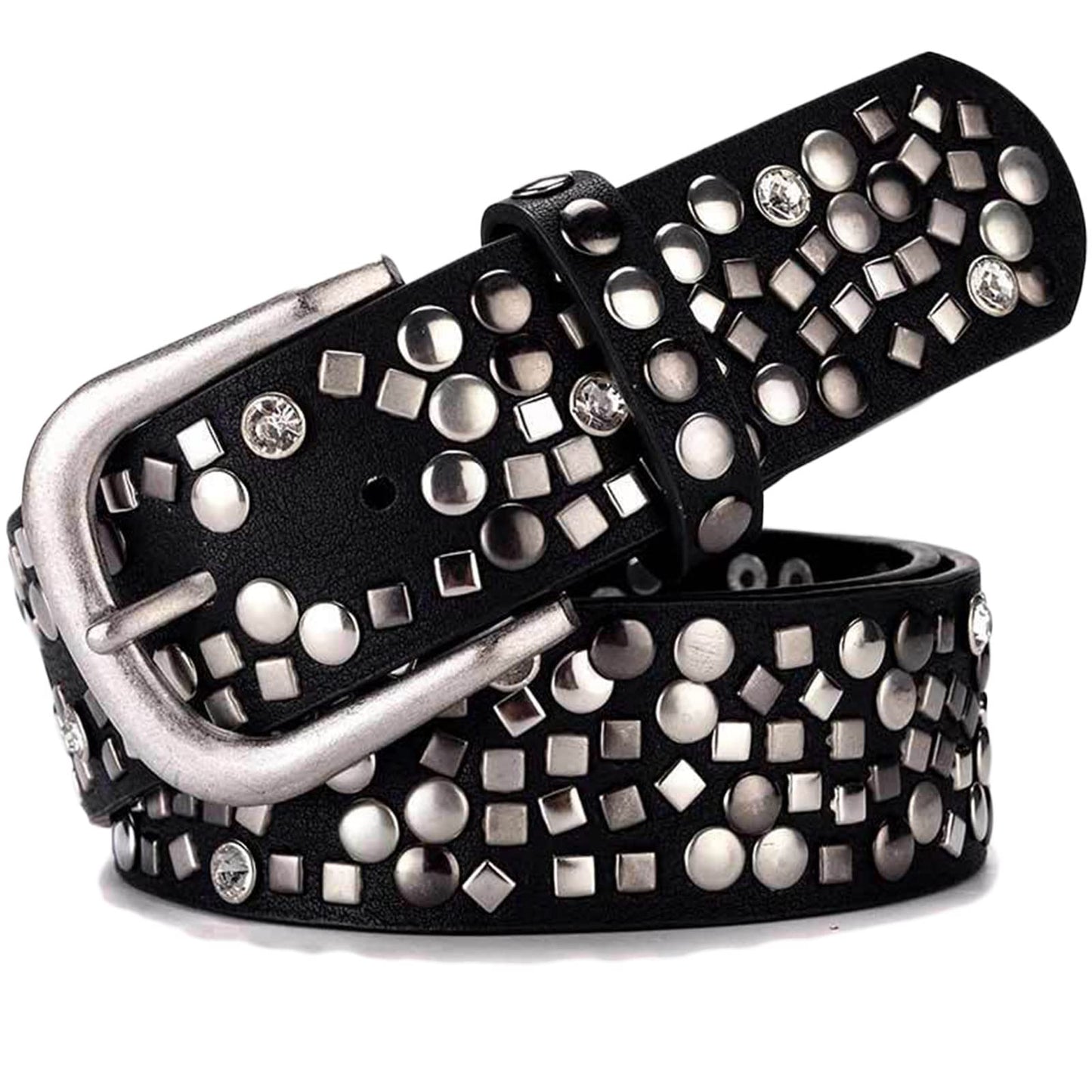 Karoukee Ladies Fashion Belt With Studded Rivets and Rhinestones,Women Shiny Fashion Leather Waist Belt for Jeans Pants Shorts Dresses (Solid Black)