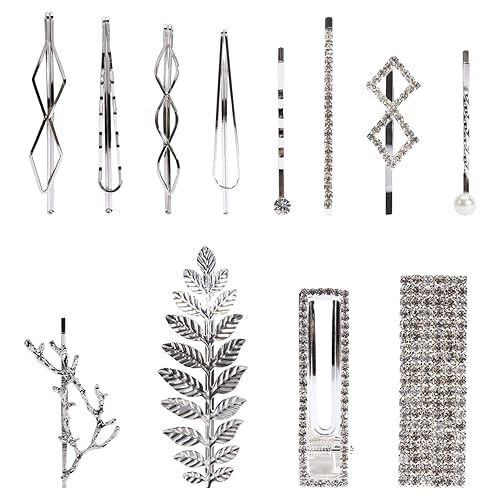 Lawie 12 Pack Silver Vintage Retro Geometric Metal Pearl Crystal Rhinestone Branch Leaf Hair Clips Snap Barrettes Claw Clamps U Shaped Wedding Party