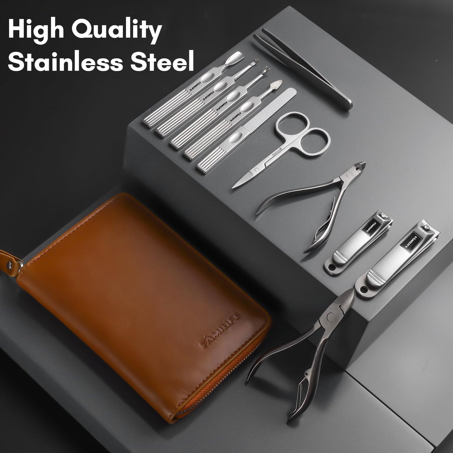 FAMILIFE Manicure Set, Professional Manicure Kit Nail Clippers Set 11 in 1 Stainless Steel Pedicure Tools Nail Kit Men Grooming Tool with Portable