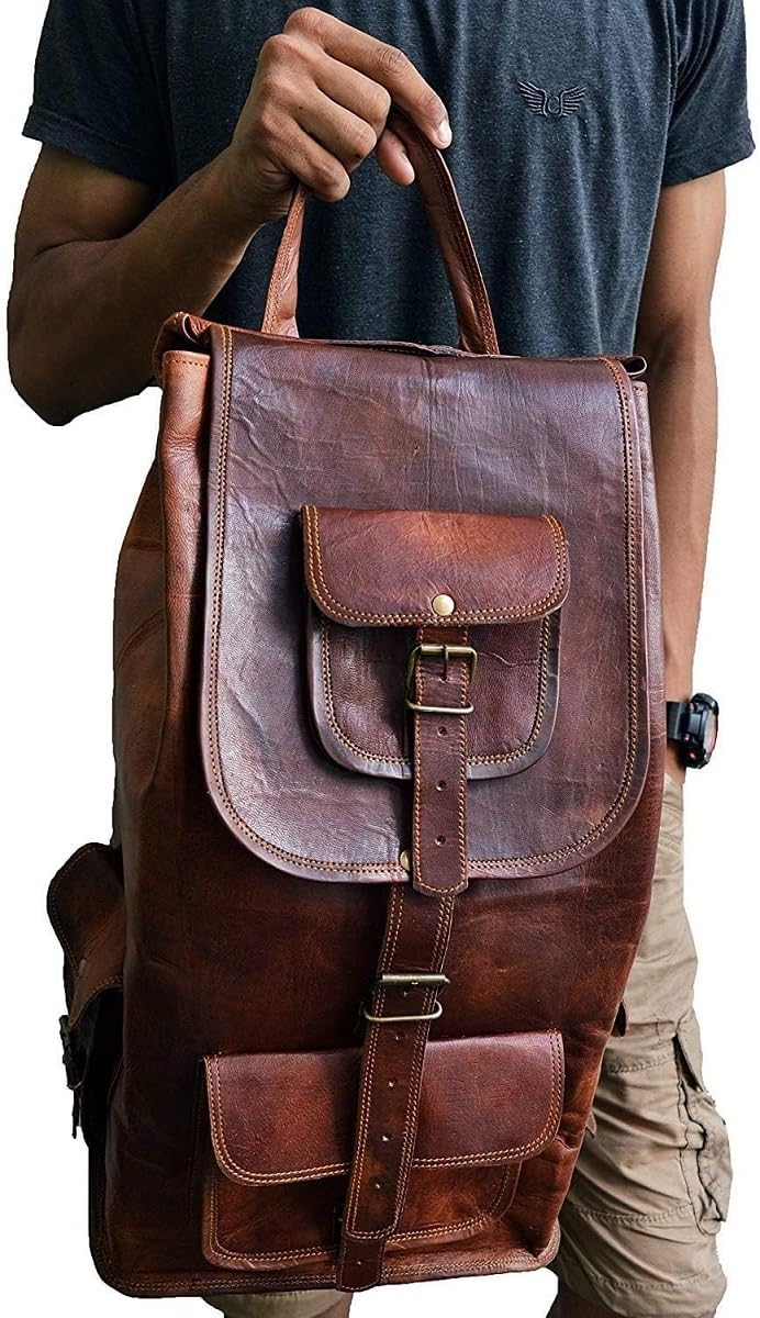 Jaald 21" Brown Leather Laptop Backpack Vintage Rucksack Travel Mochila Knapsack