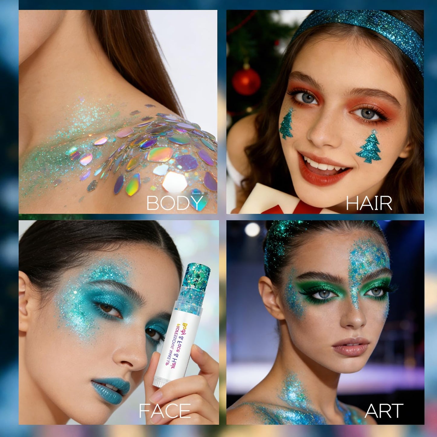 Holographic Mermaid Glitter Makeup Kit: 2-in-1 Body & Face Stick & Loose Powder with Built-in Brush for Festival, Rave, Concert, Carnival | Shimmery