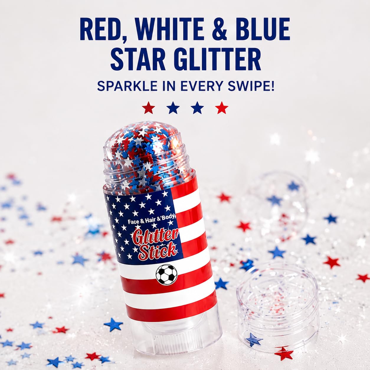 Patriotic Glitter Stick for Face Hair & Body, Red White Blue Star Glitter Makeup, 4th of July Accessories for Women, Football Game Day Face Glitter