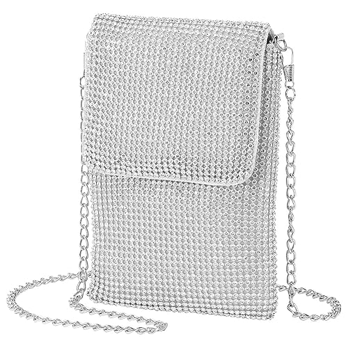 KDUPUP Rhinestone Crossbody Cell Phone Purse Wallet Clutch Glitter Crystal Evening Handbags Bling Shoulder Strap Smart Phone Bag (Silver)