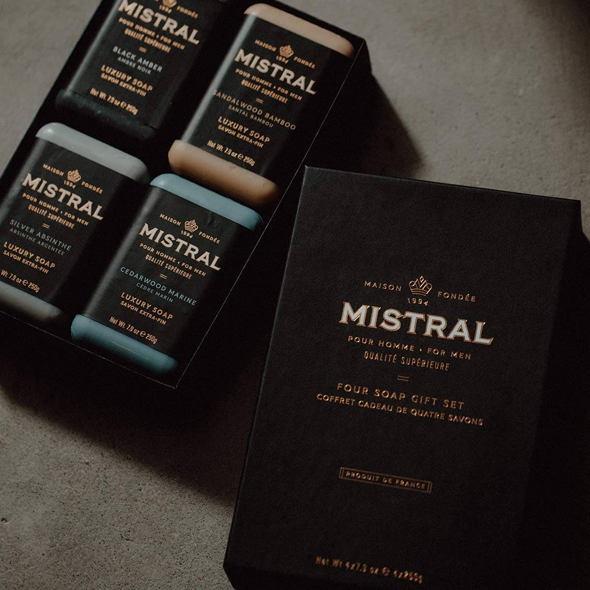 Mistral Men’s Luxury Bar Soap for Men | Gift Set (4 x 8.8 oz) - Cypress Oak, Cedarwood Marine, Teak Wood, Black Amber | Moisturizing, Triple-Milled