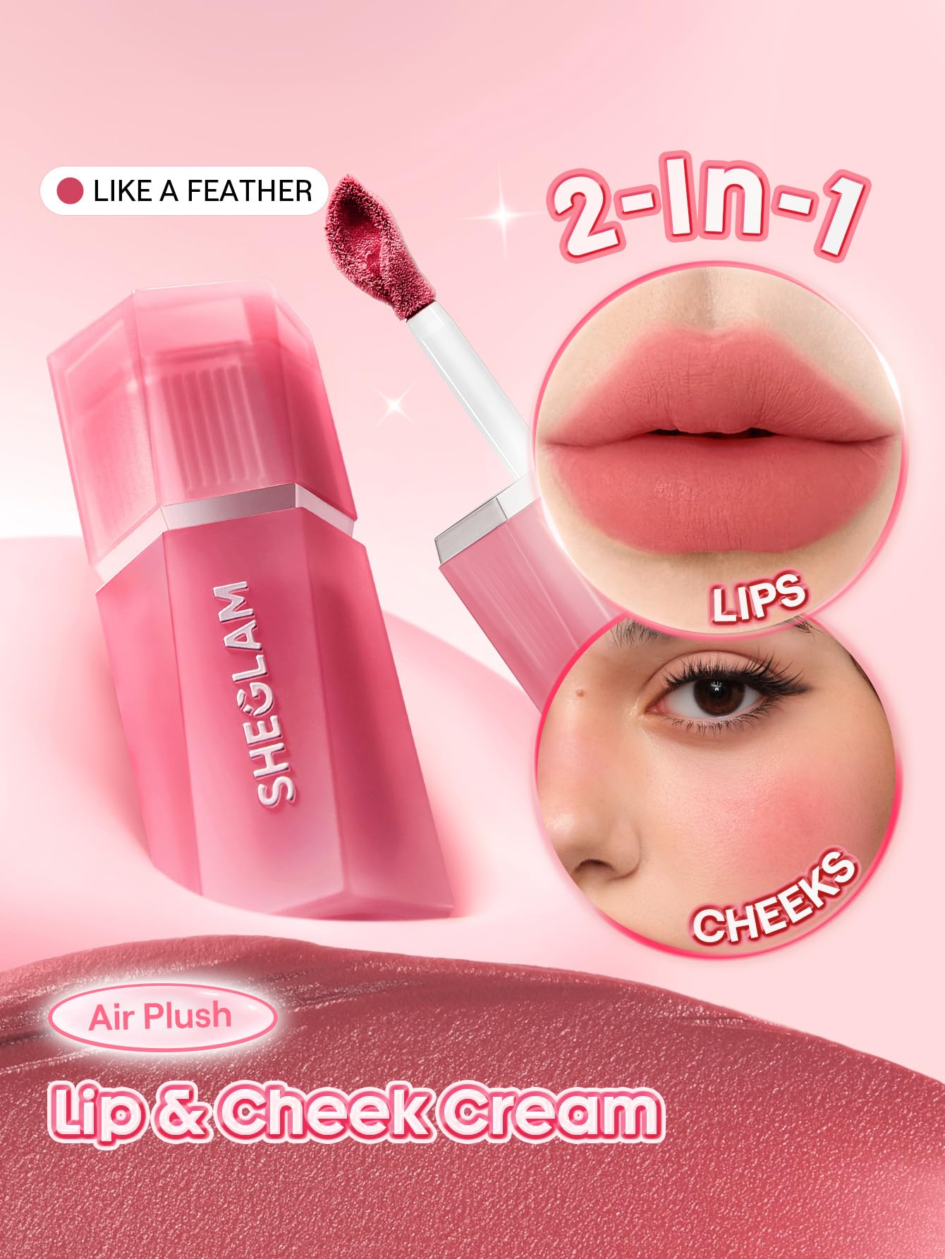 SHEGLAM Air Plush Lip & Cheek Cream Long-lasting Multi-Use Liquid Blush & Lip Stain-026 Like A Feather