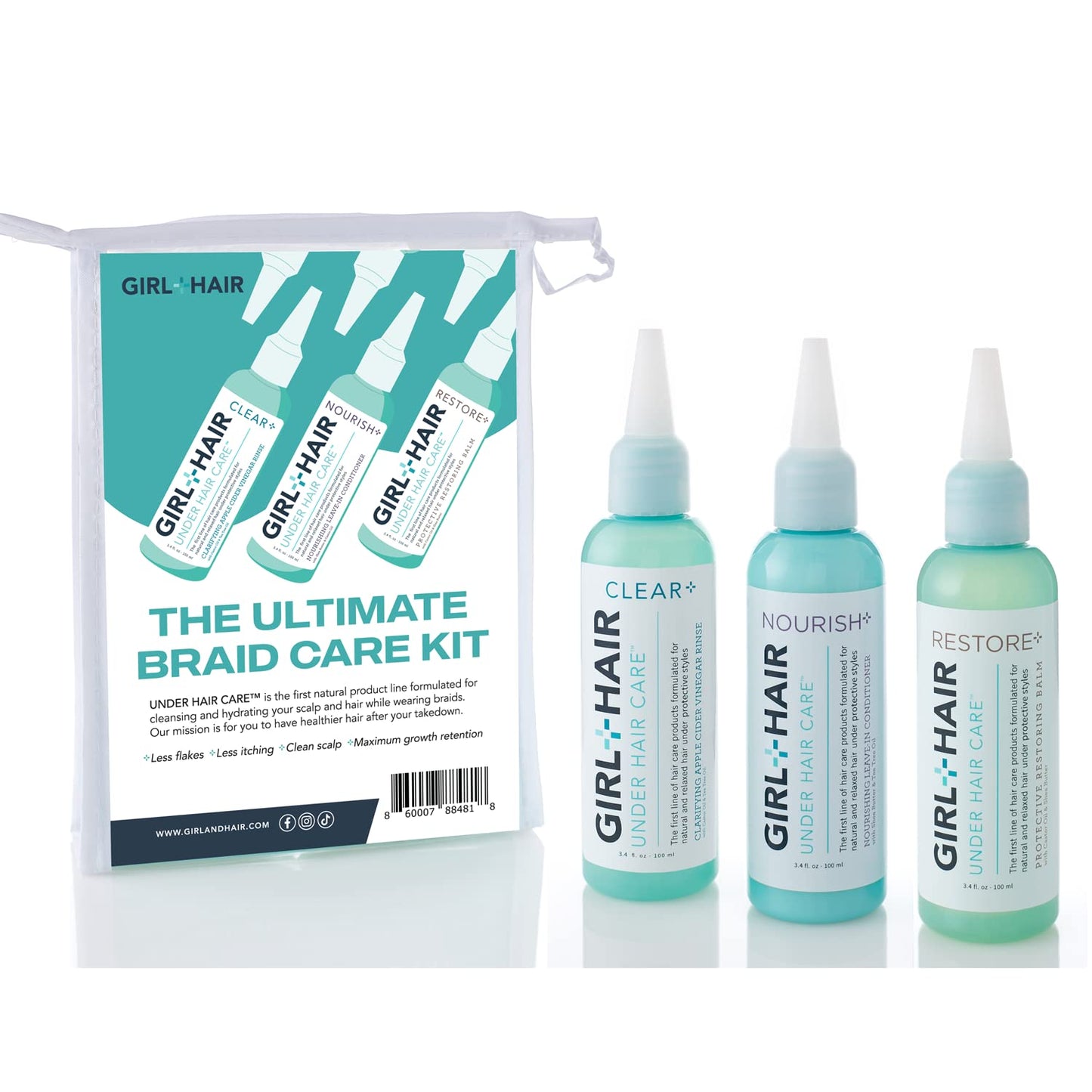 GIRL+HAIR Ultimate Braid Care Travel Set | Maintain Healthy Hair & Scalp with Clear + Nourish + Restore | Maximize Hair Strength | TSA Compliant (3 x