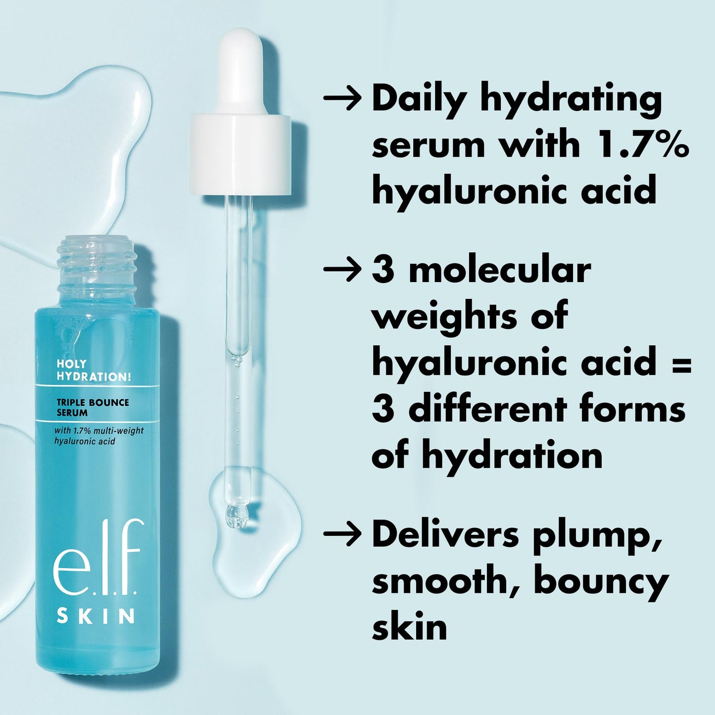 e.l.f. SKIN Holy Hydration! Triple Bounce Serum, 1.7% Hyaluronic Acid Serum For Plump, Bouncy Skin, Moisturizing & Hydrating, Vegan & Cruelty-Free