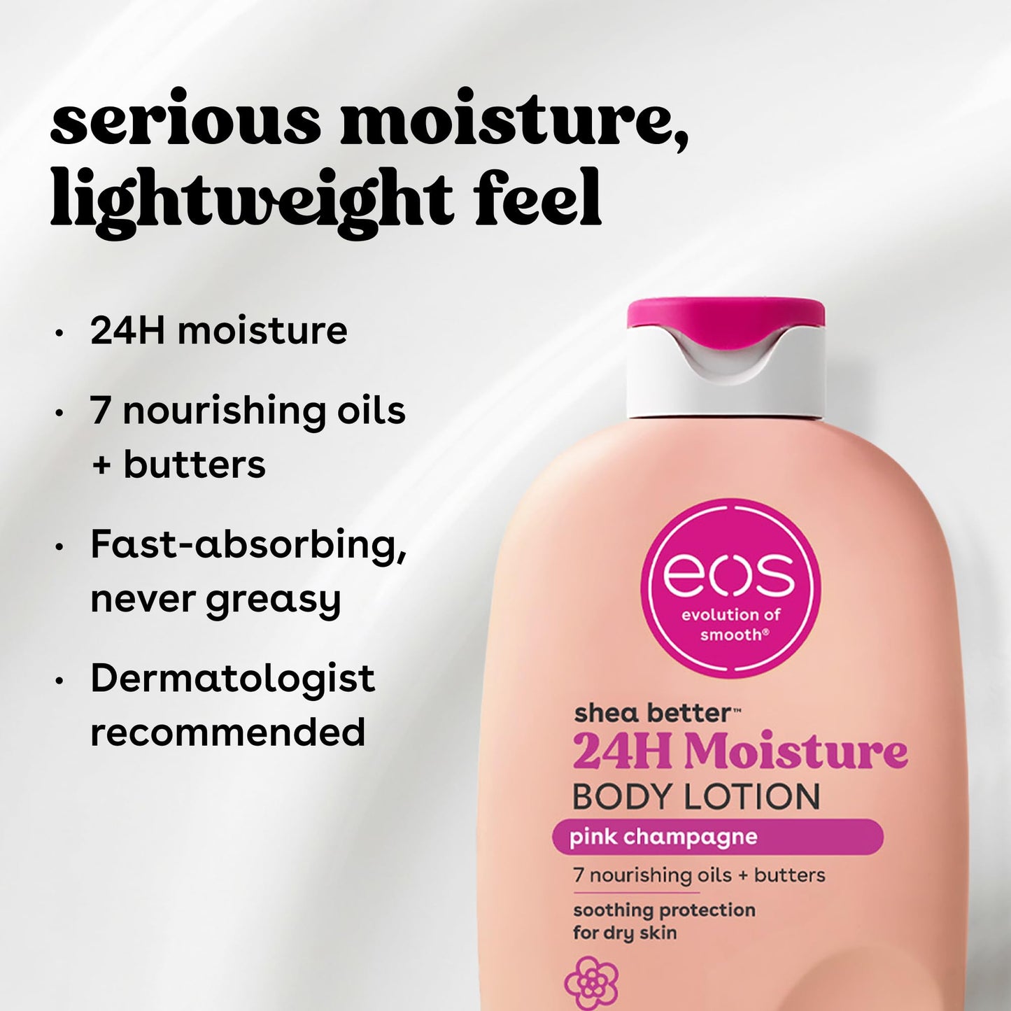 eos Shea Better Body Lotion Pink Champagne, 24-Hour Moisture Skin Care, Lightweight & Non-Greasy, Natural Shea, Vegan, 16 fl oz
