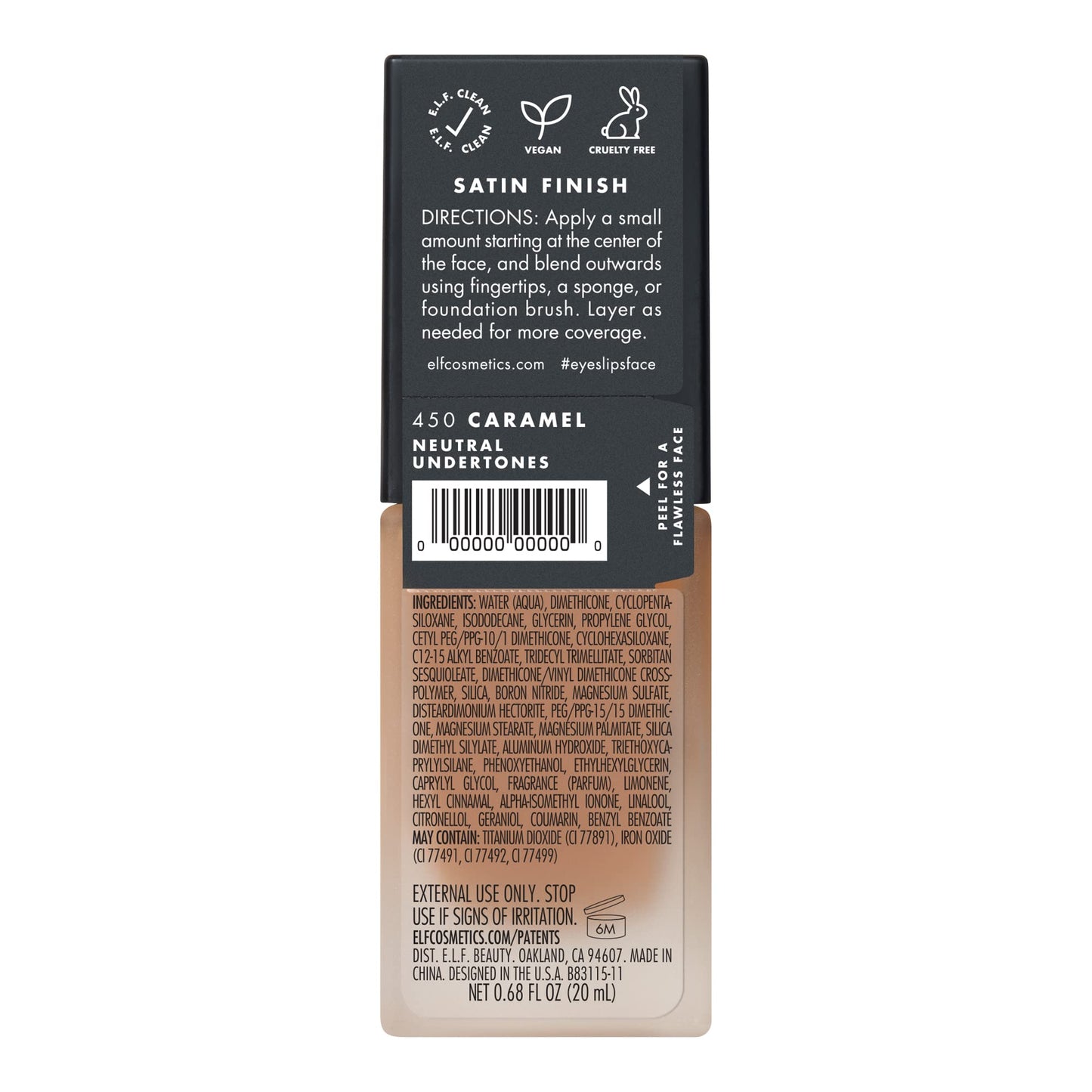 e.l.f. Flawless Satin Foundation, Lightweight & Medium Coverage, Semi-Matte Finish, Vegan & Cruelty-Free, Caramel, 0.68 Fl Oz (20mL)
