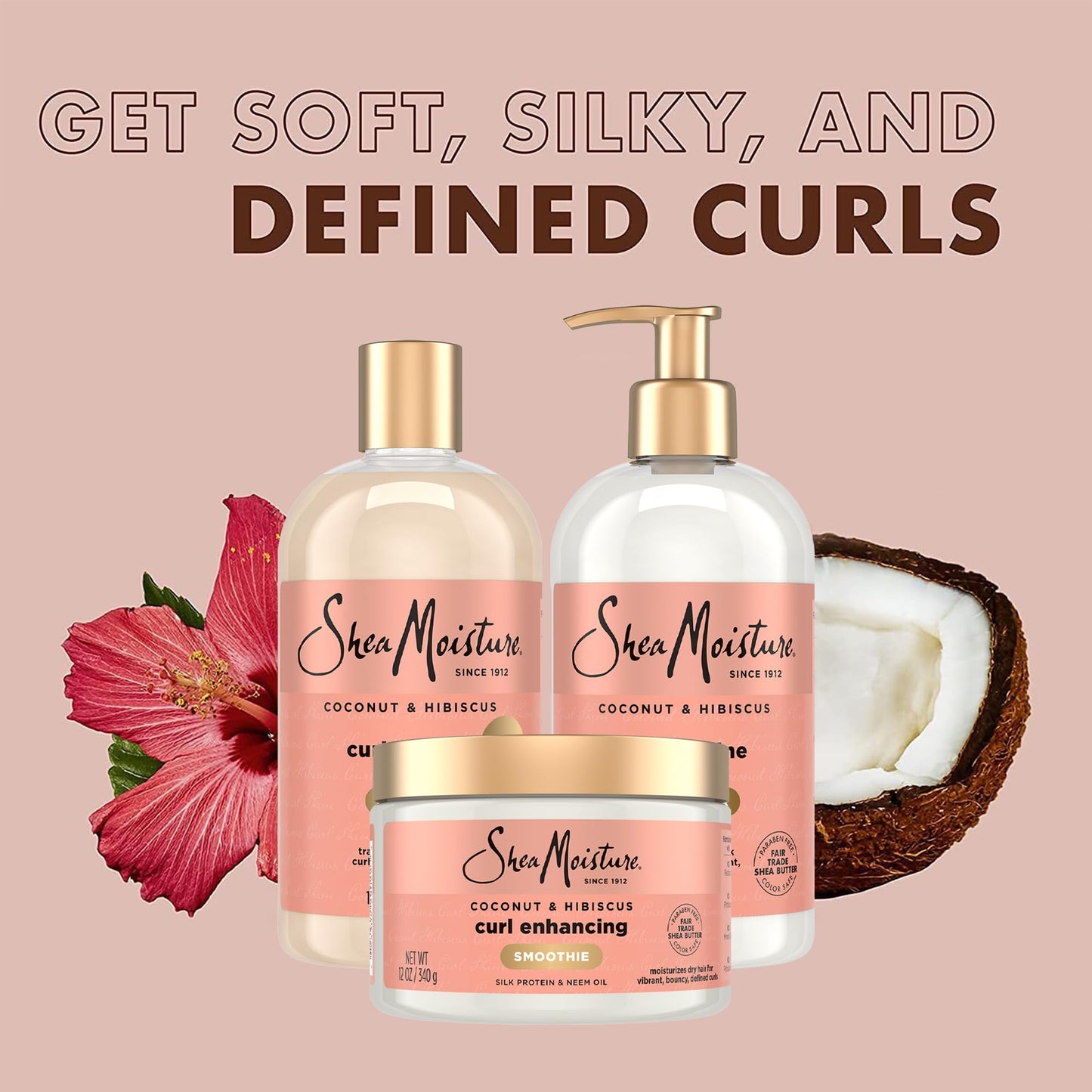 SheaMoisture Coconut & Hibiscus Curl & Shine Shampoo & Conditioner + Curl Enhancing Smoothie for Bouncy Curls, Frizz Control, Gifts for Women